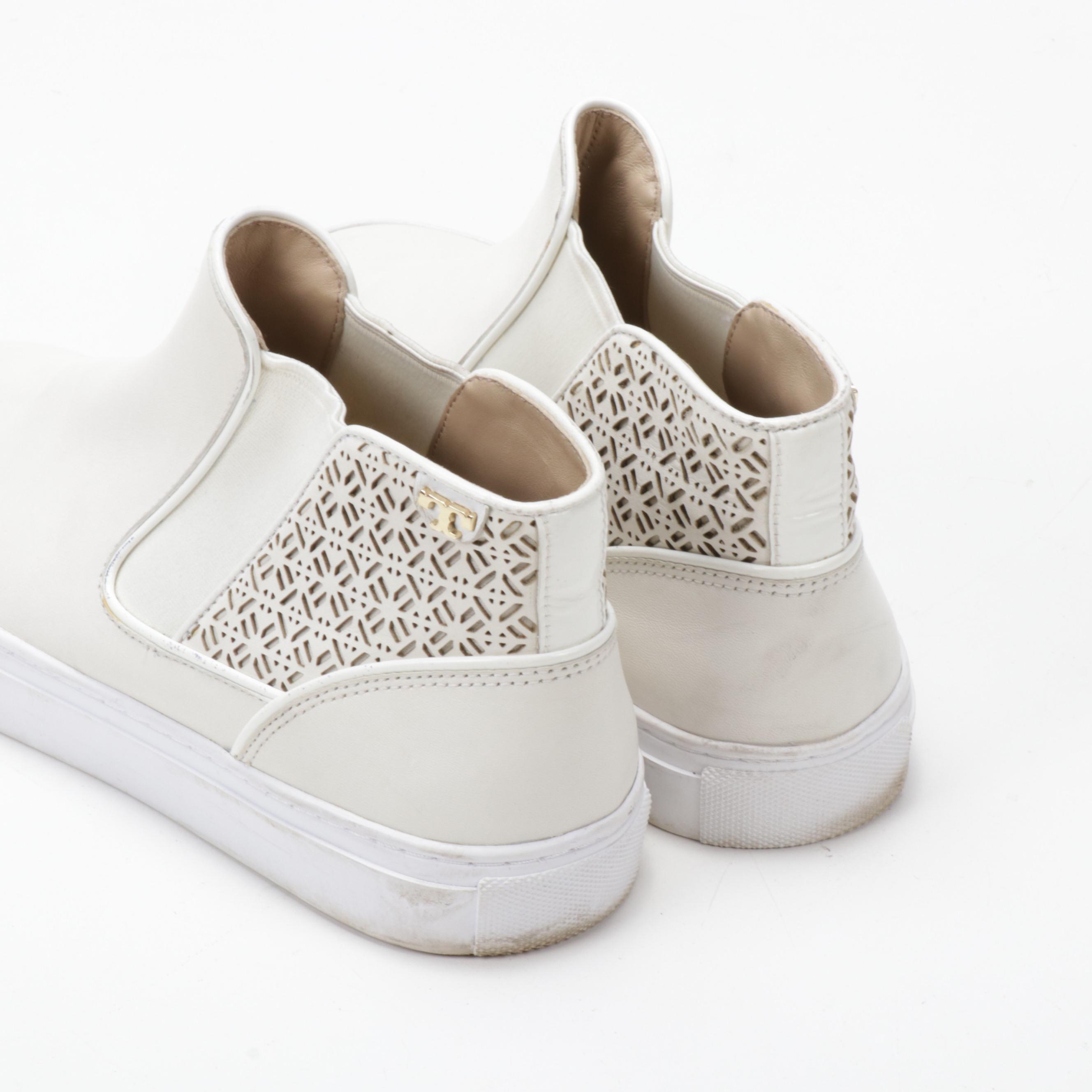 Tory Burch White Leather Laser Cut High-Top Slip-On Sneakers