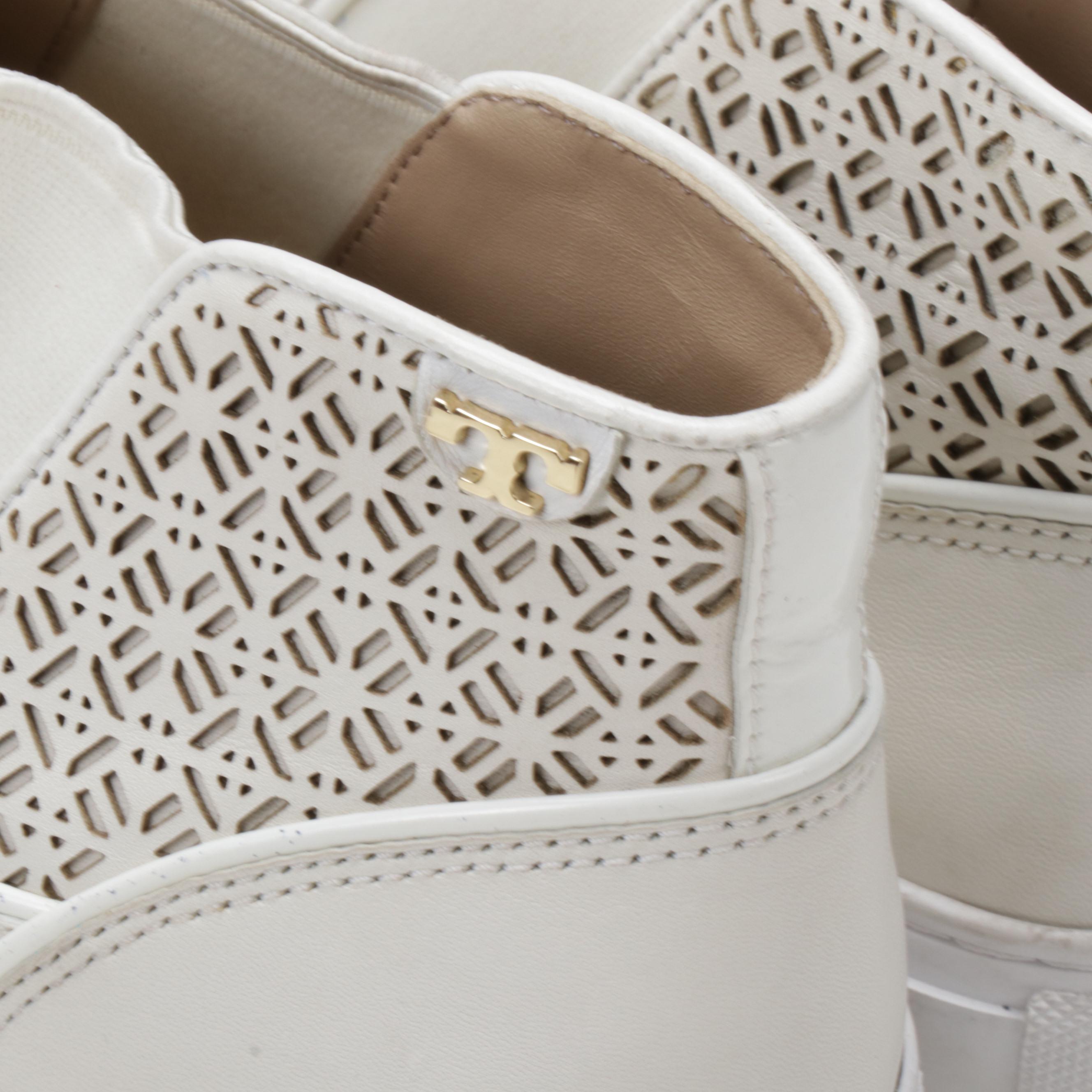 Tory Burch White Leather Laser Cut High-Top Slip-On Sneakers