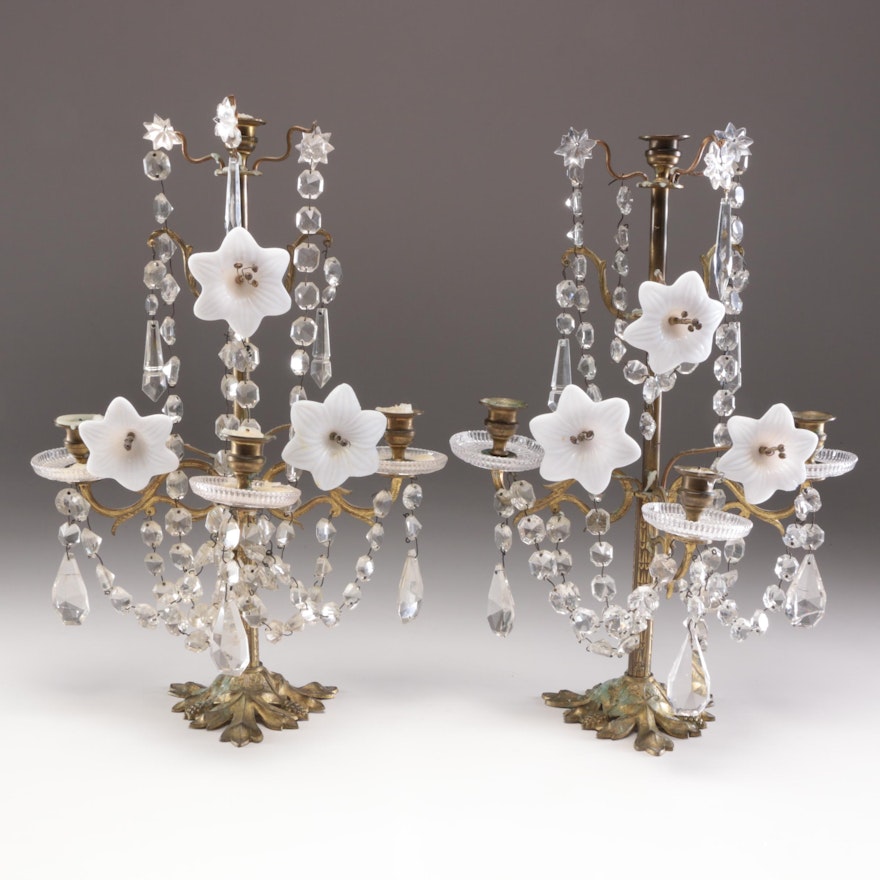 French Neoclassical Bronze Candelabra with Milk Glass Flowerettes