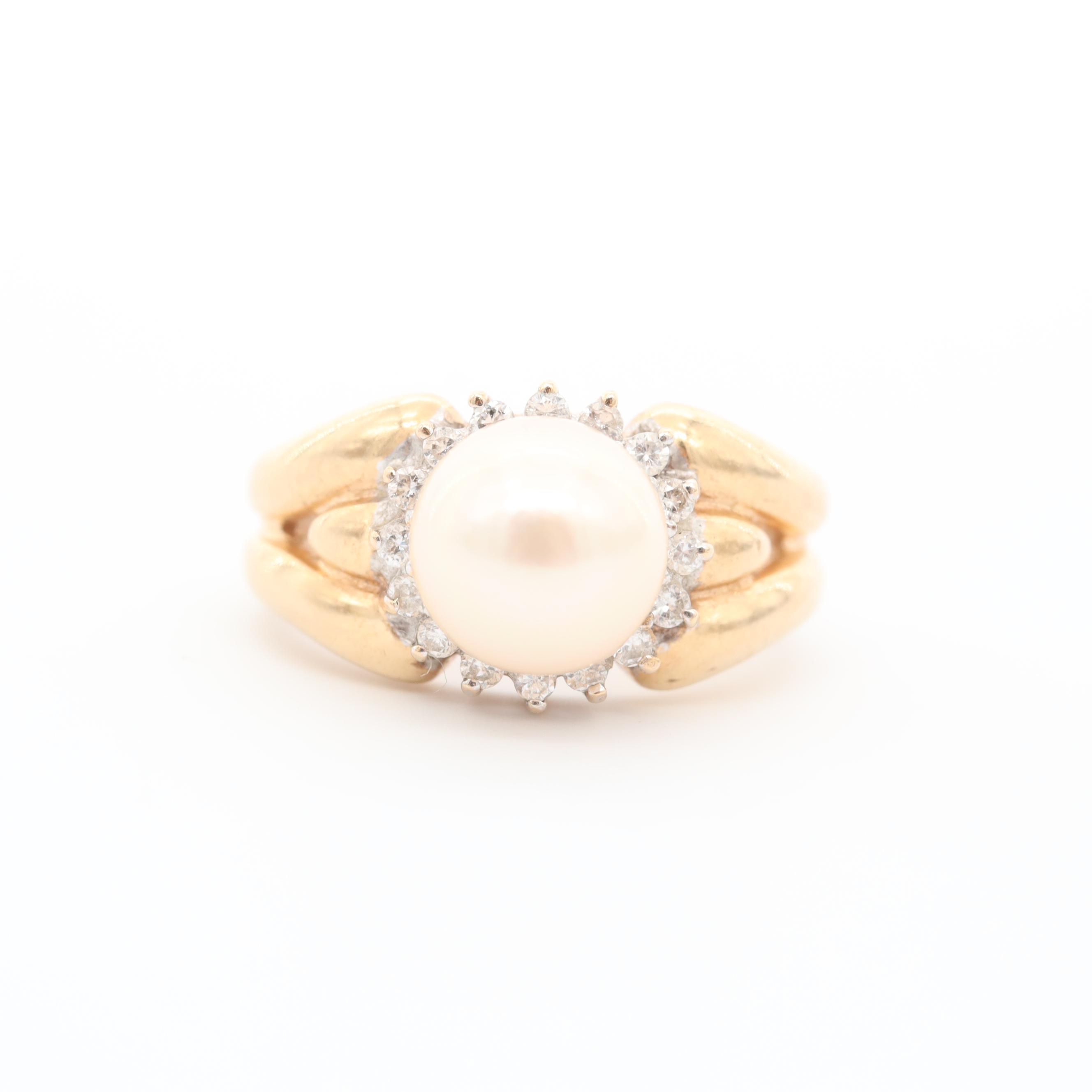 14K Yellow Gold Cultured Pearl and Diamond Ring