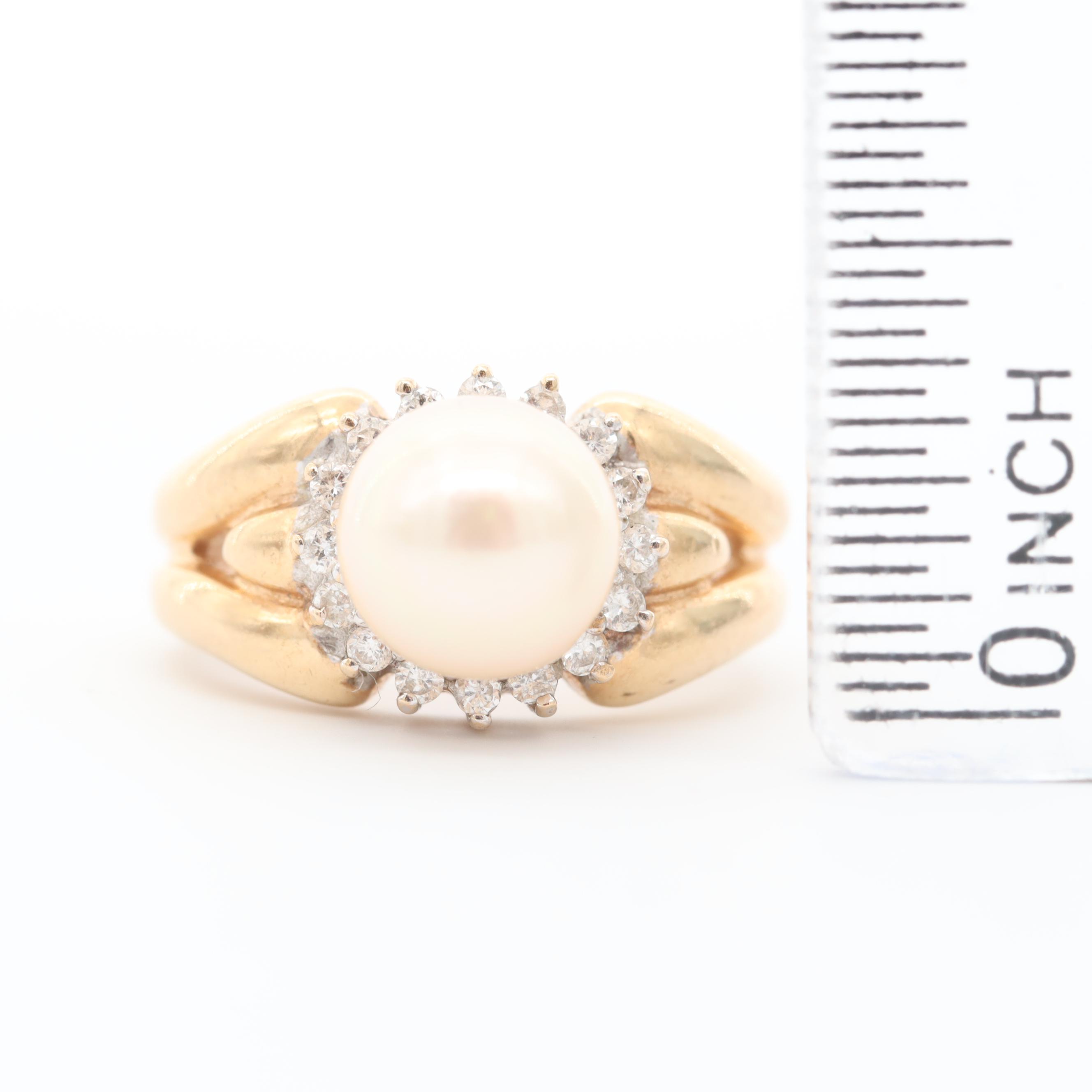 14K Yellow Gold Cultured Pearl and Diamond Ring