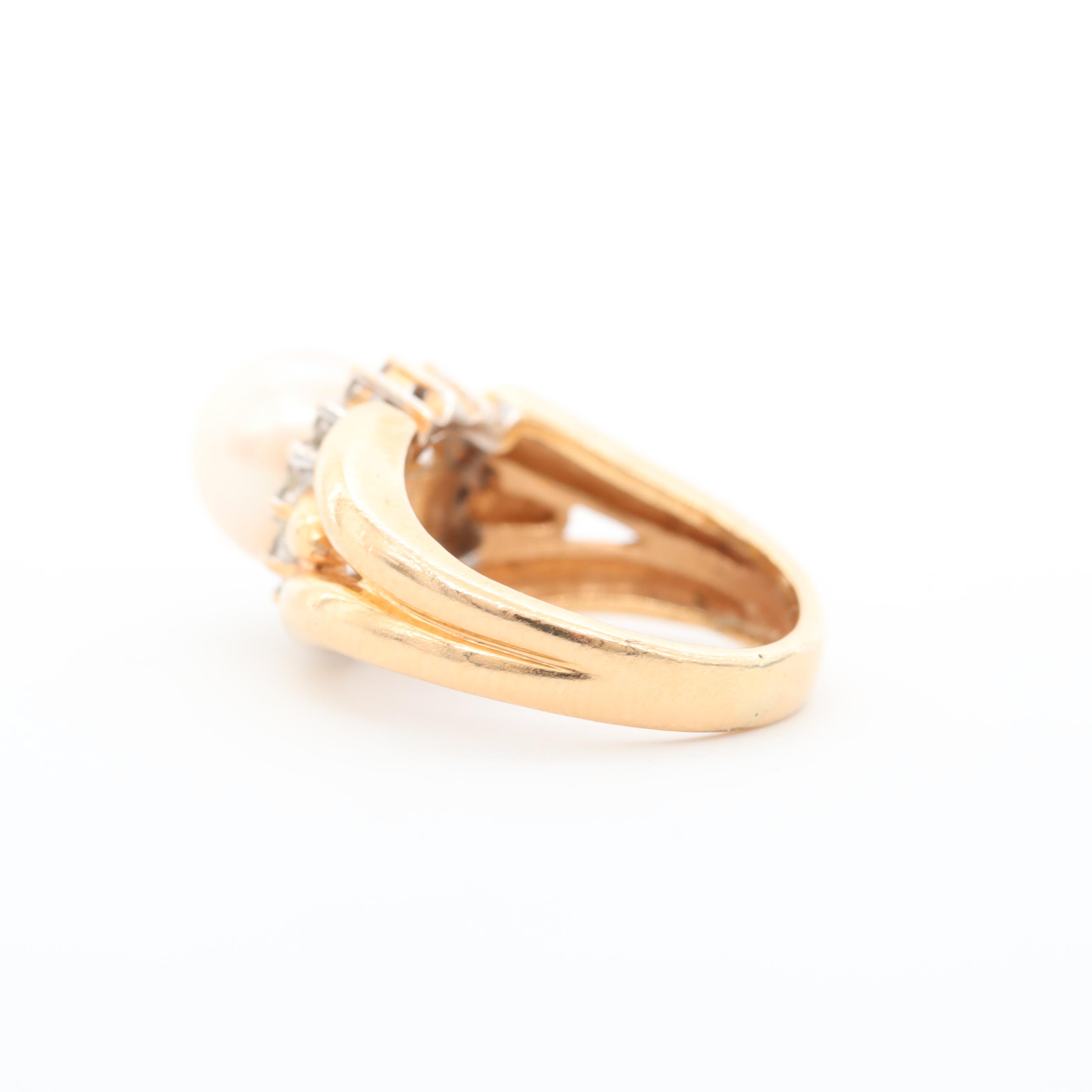 14K Yellow Gold Cultured Pearl and Diamond Ring