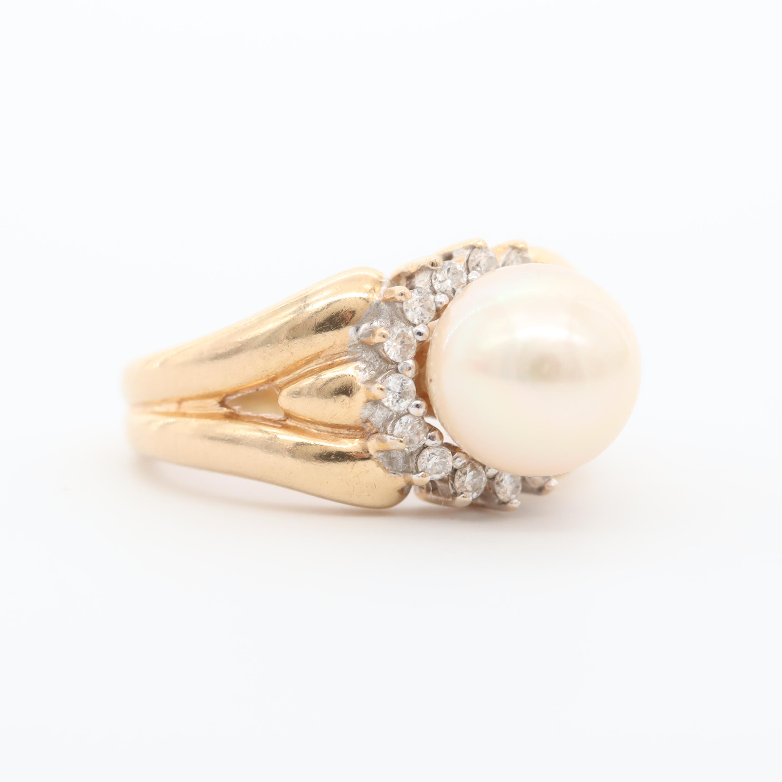 14K Yellow Gold Cultured Pearl and Diamond Ring
