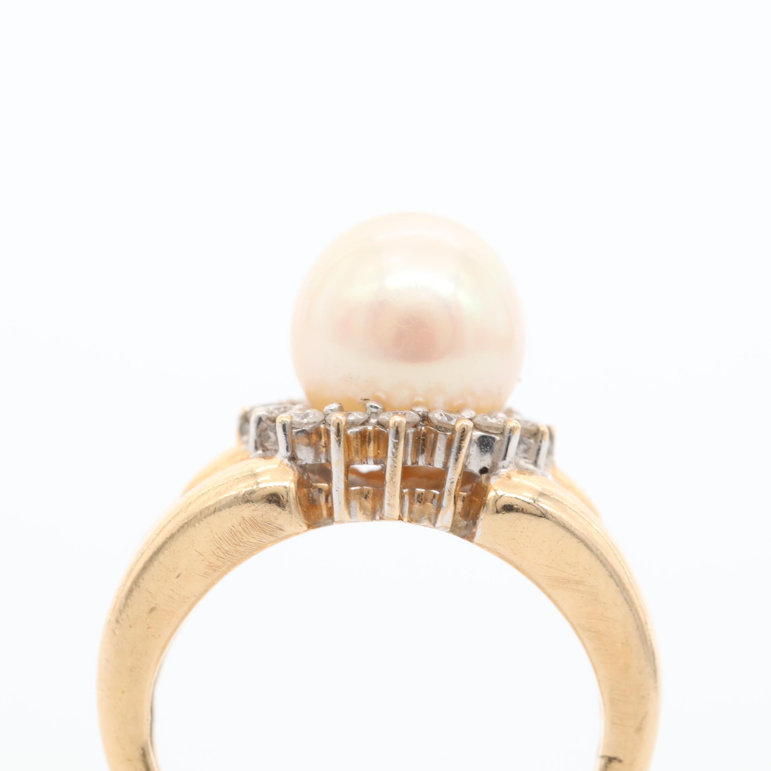 14K Yellow Gold Cultured Pearl and Diamond Ring