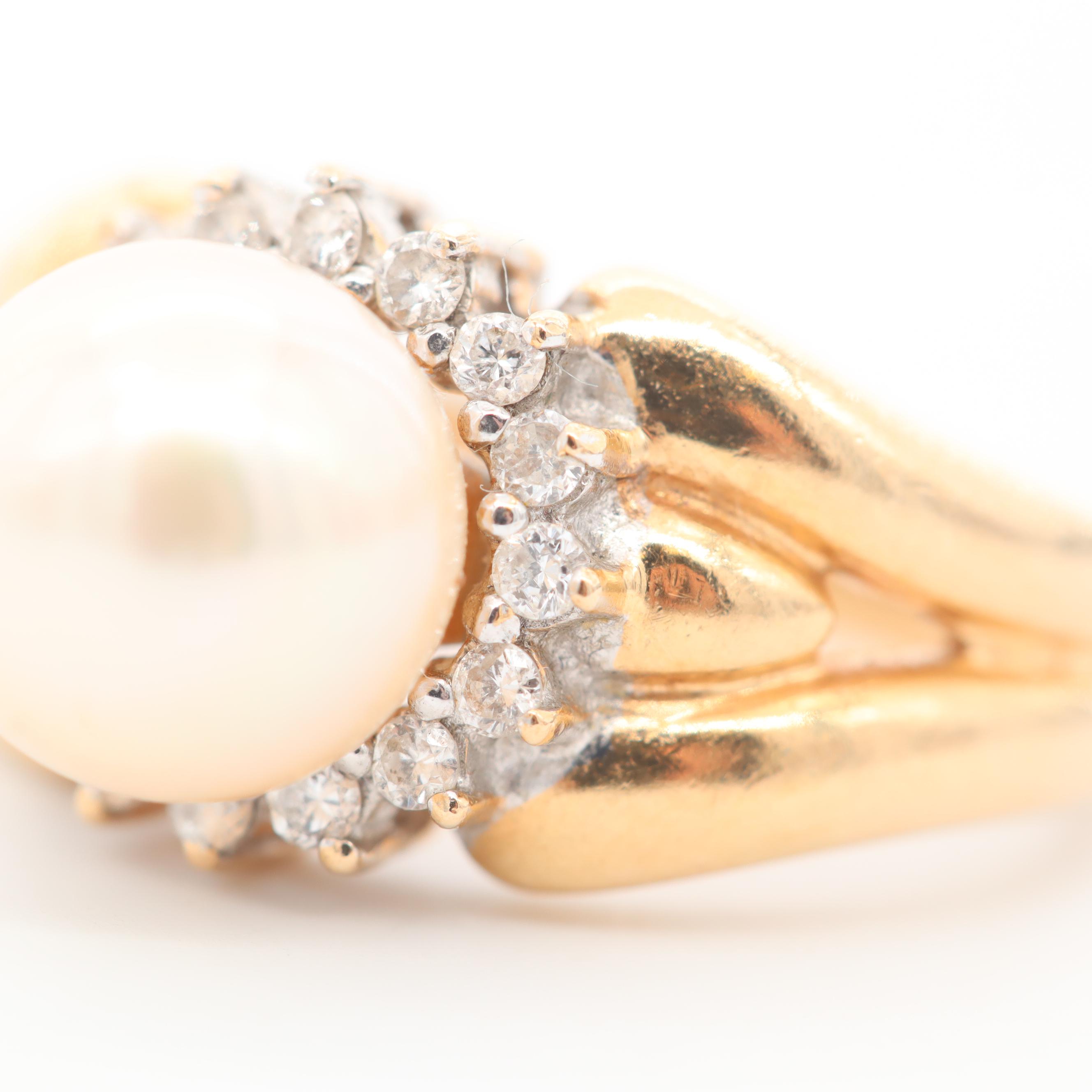 14K Yellow Gold Cultured Pearl and Diamond Ring