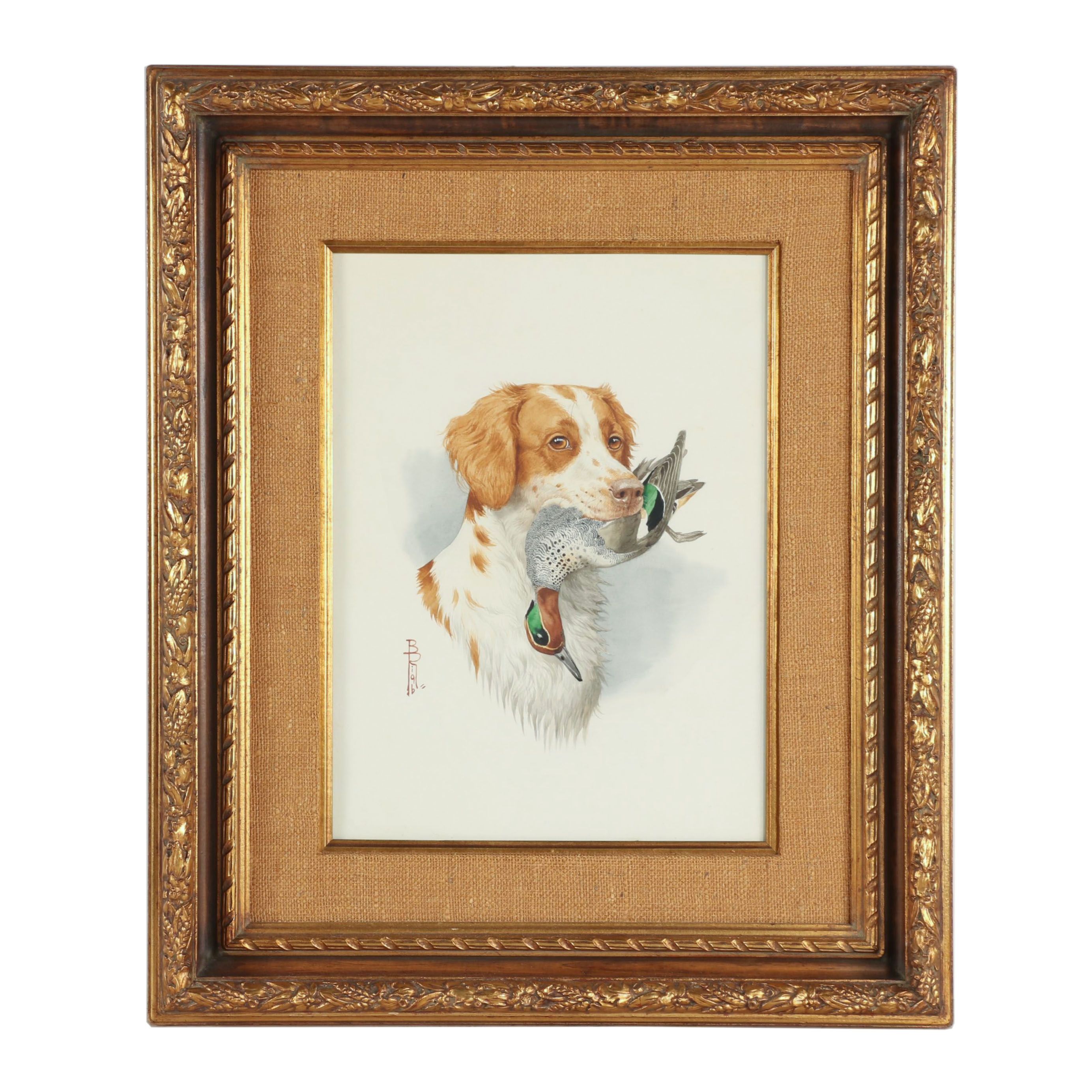 Boris Riab Watercolor Painting of Dog with Bird