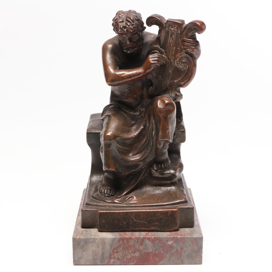 P. Beneduce Bronze Clad and Marble Bookend "Homer Playing a Lyre", 1922