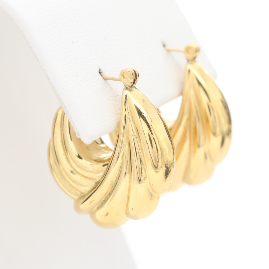 Ribbed Hoop Earrings with 14K Yellow Gold Posts