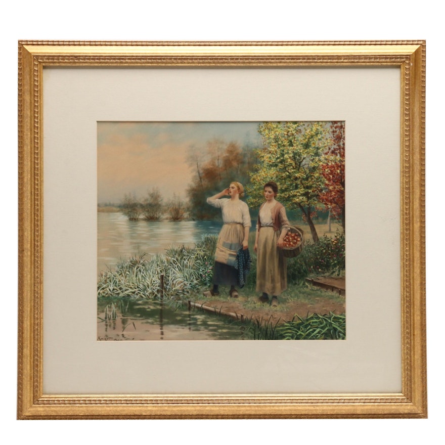 Hand Colored Lithograph after Daniel Ridgway Knight of Women with Apples