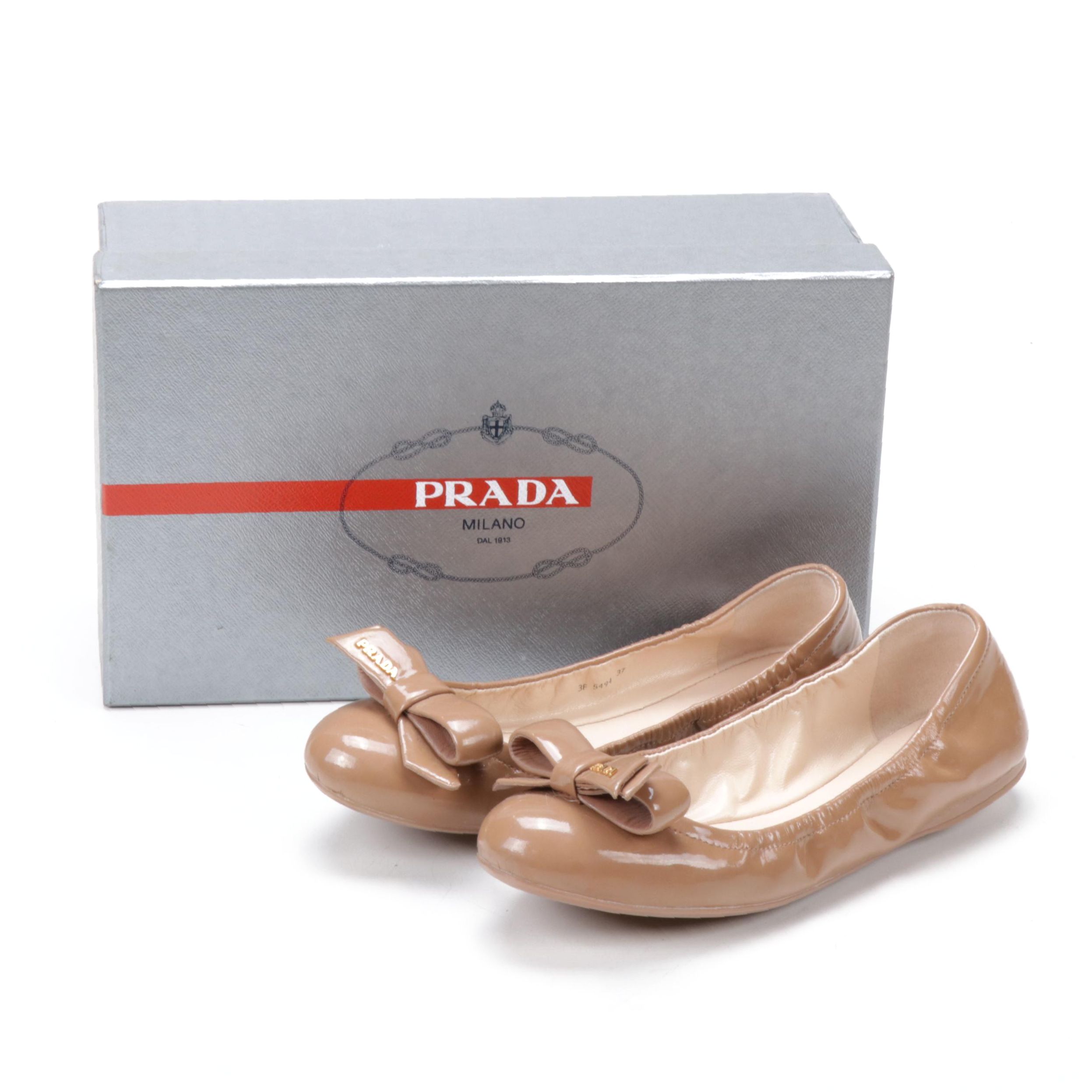 Prada Nude Patent Leather Ballet Flats with Bow