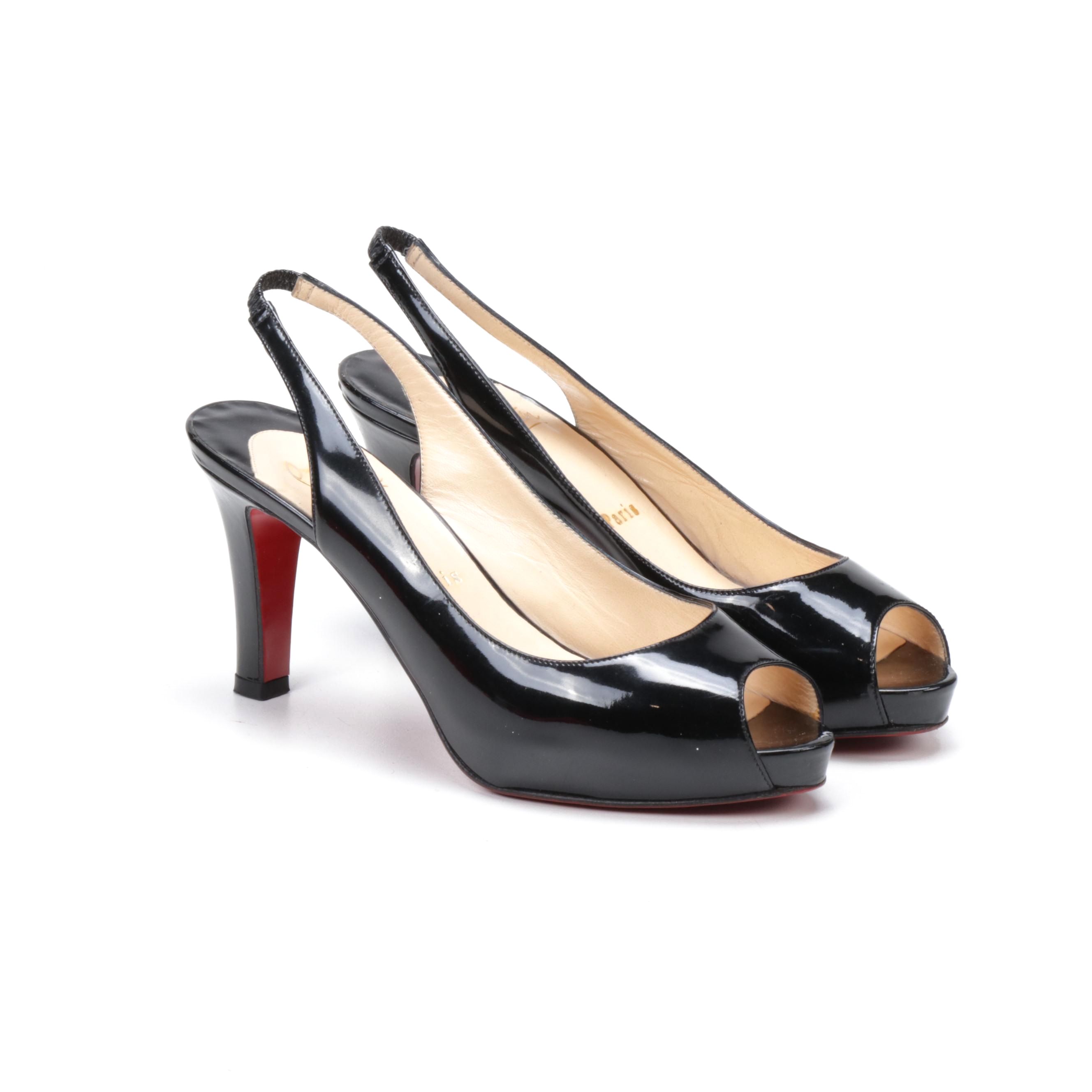 Christian Louboutin Paris Black Patent Leather Peep-Toe High Heel Slingbacks