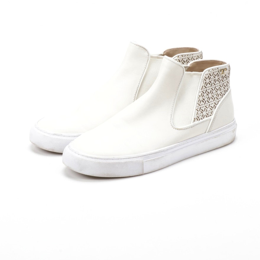 Tory Burch White Leather Laser Cut High-Top Slip-On Sneakers