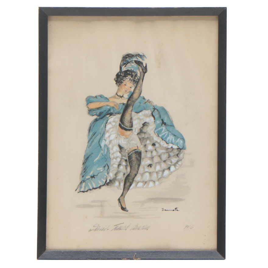 Hand-Embellished Collotype of Can-Can Cabaret Dancer