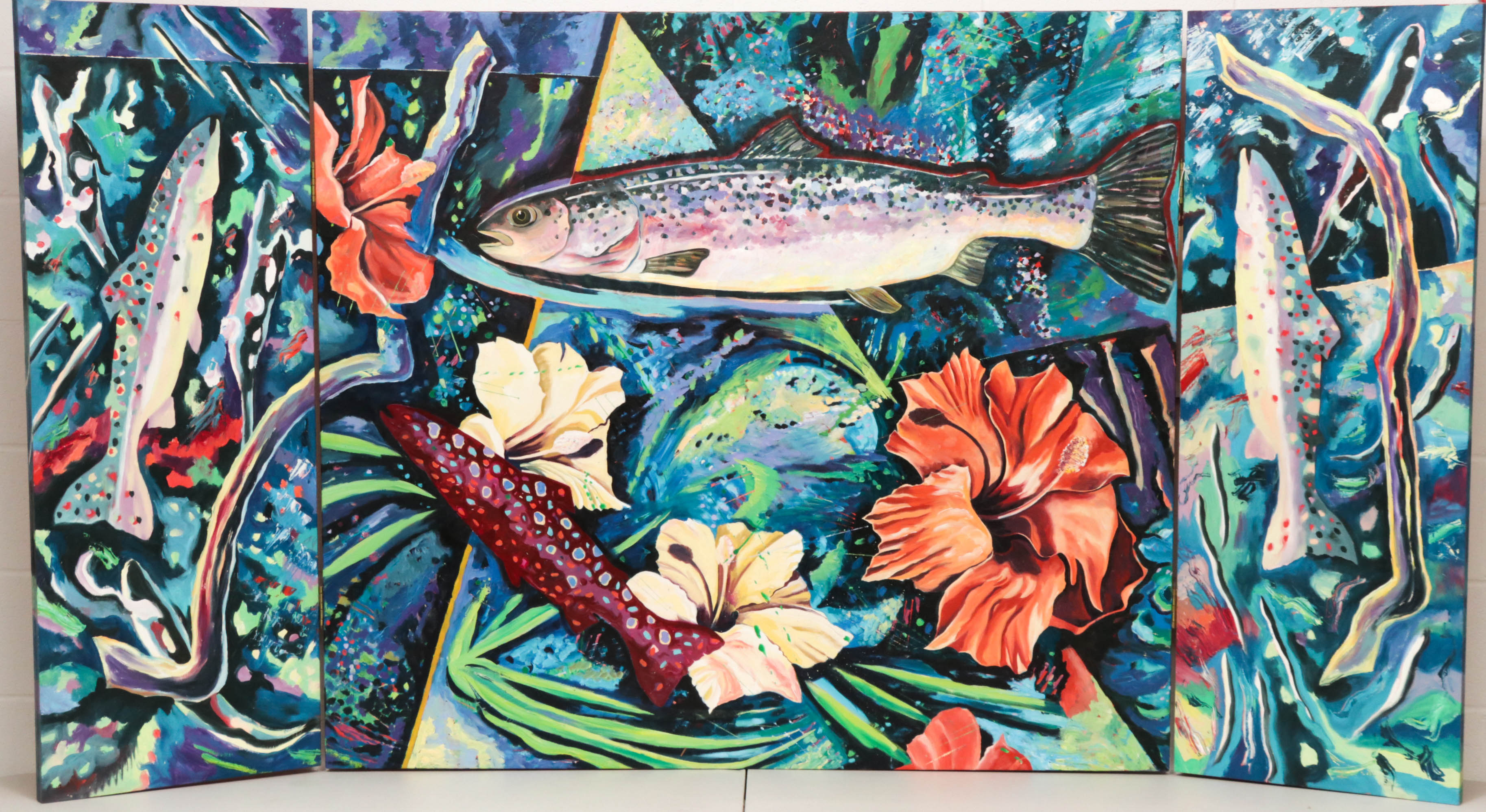 Richard J. Frank Three Panel Oil Painting "Hibiscus"