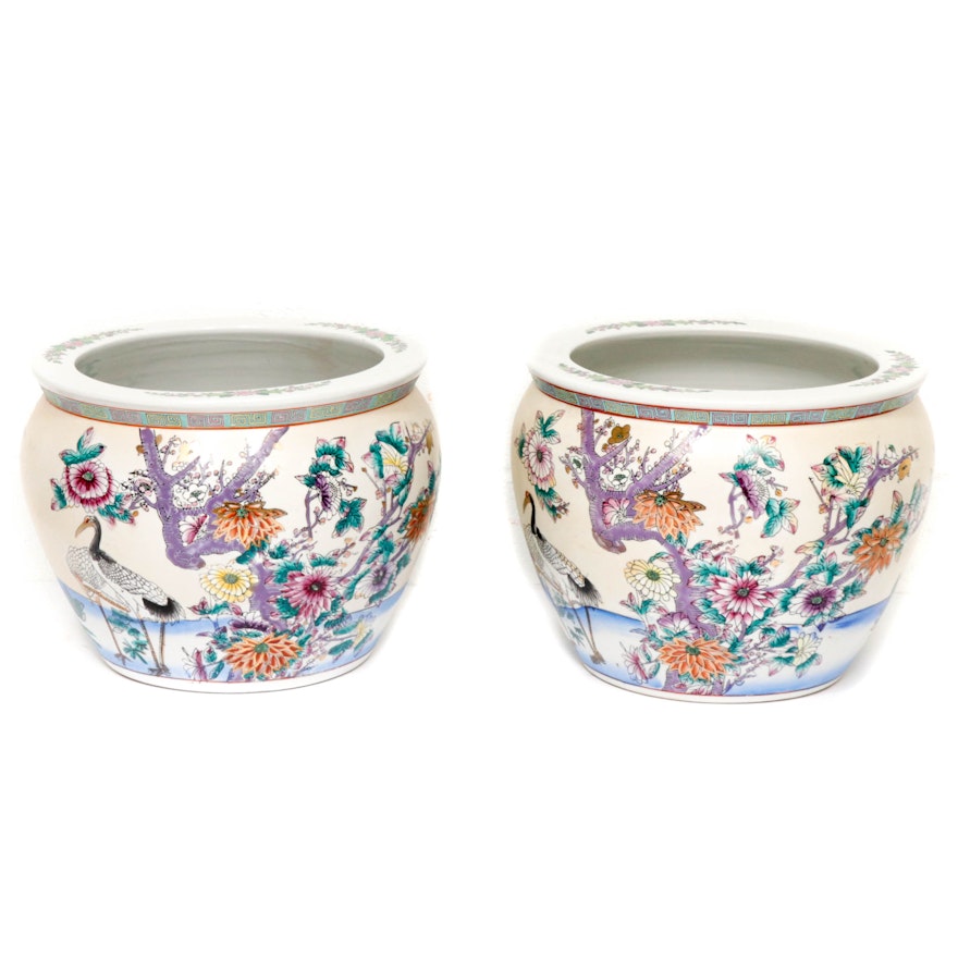 Asian Style Ceramic Planters with Painted Koi Fish Interior
