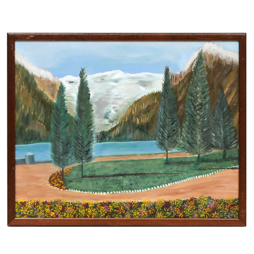 Folk Art Mountain Landscape Oil Painting