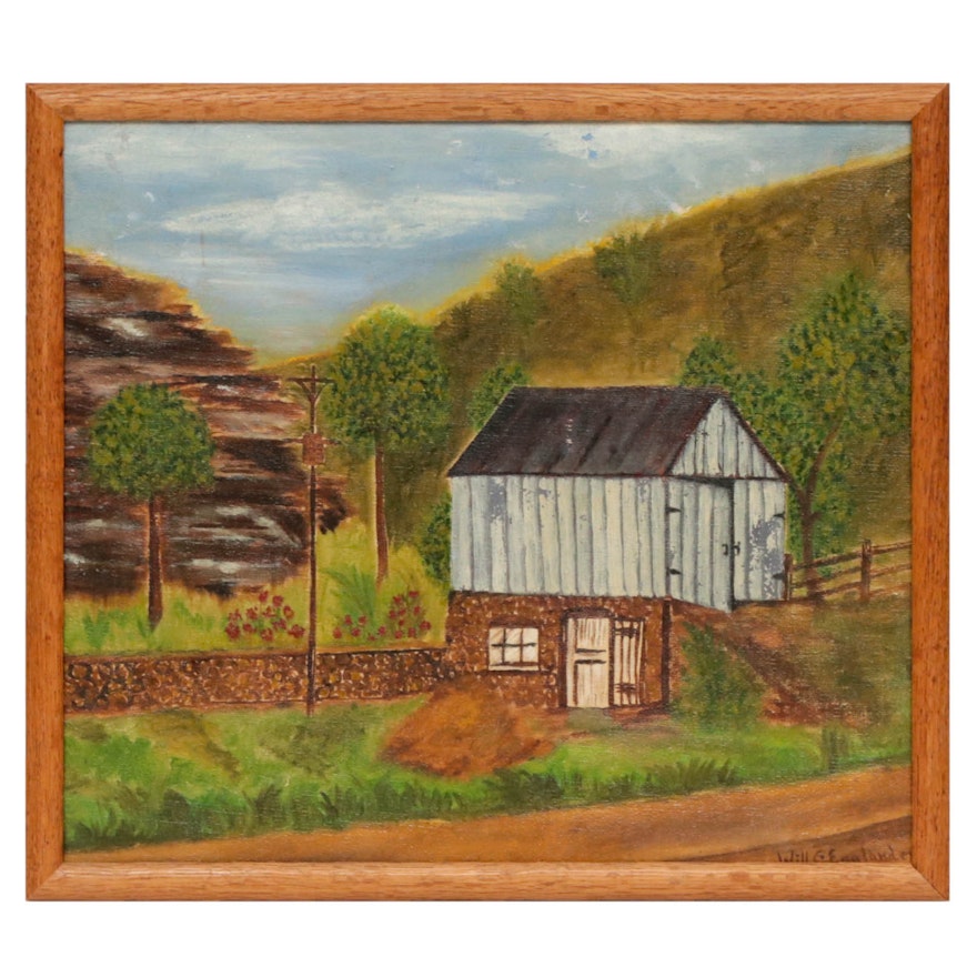 Will E. Englander Folk Art Pastoral Landscape Oil Painting