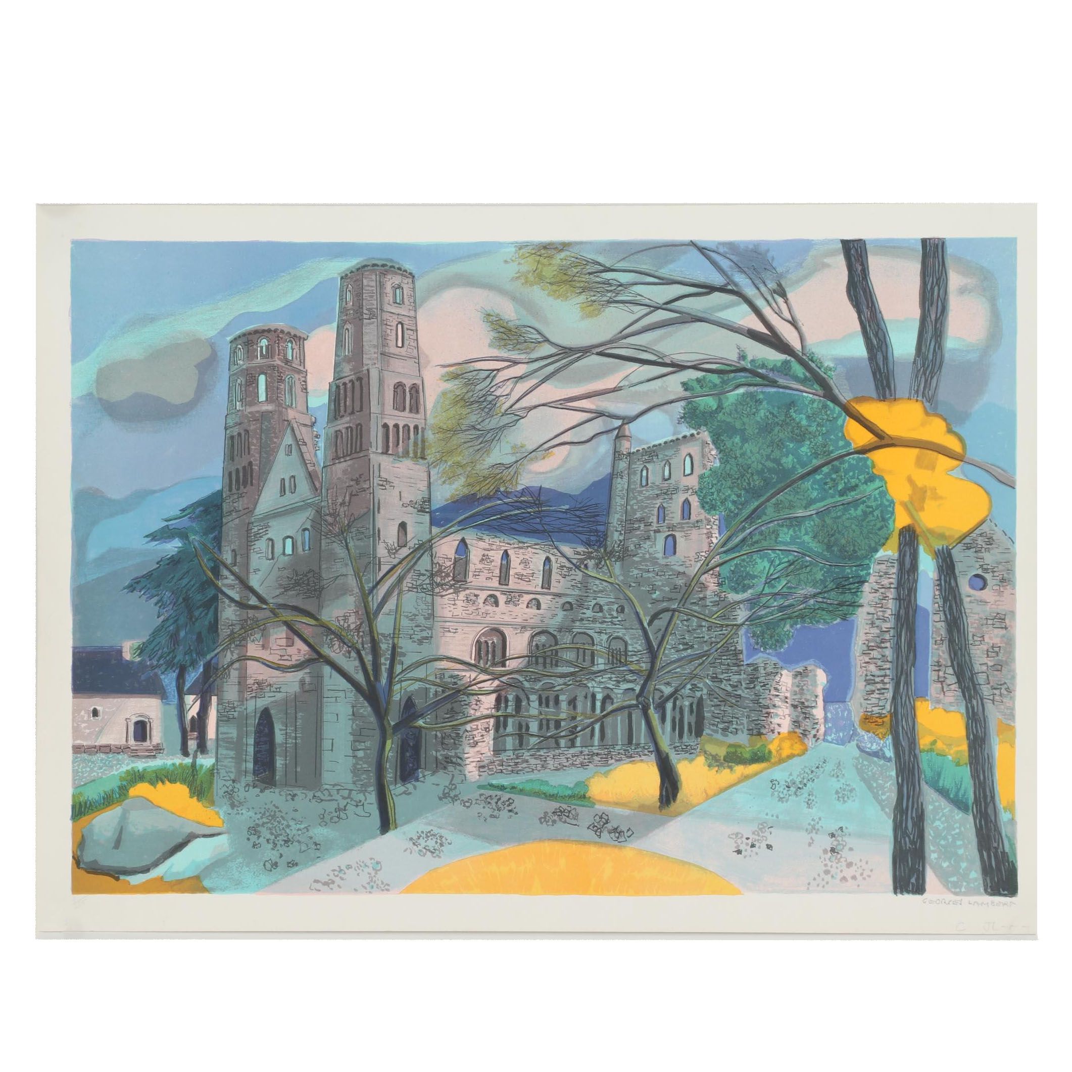 Georges Lambert Color Lithograph "Abbaye de Jumièges"