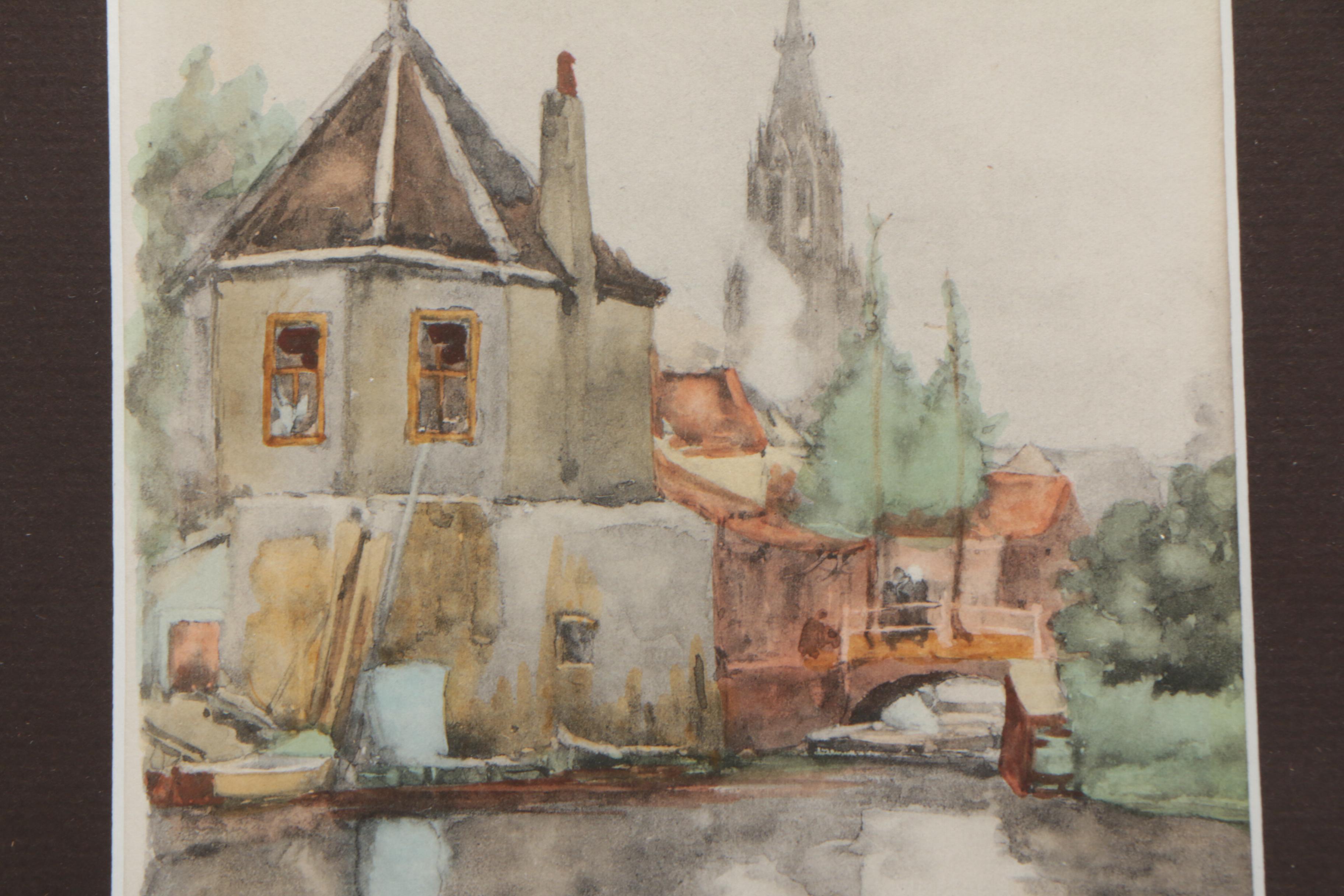 John Franklin Waldo Watercolor Painting of European Canal Scene