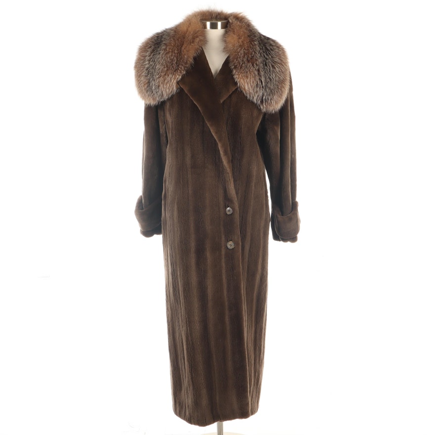 Sheared Mink Fur Coat with Crystal Fox Fur Collar by Larry Weinstein New York