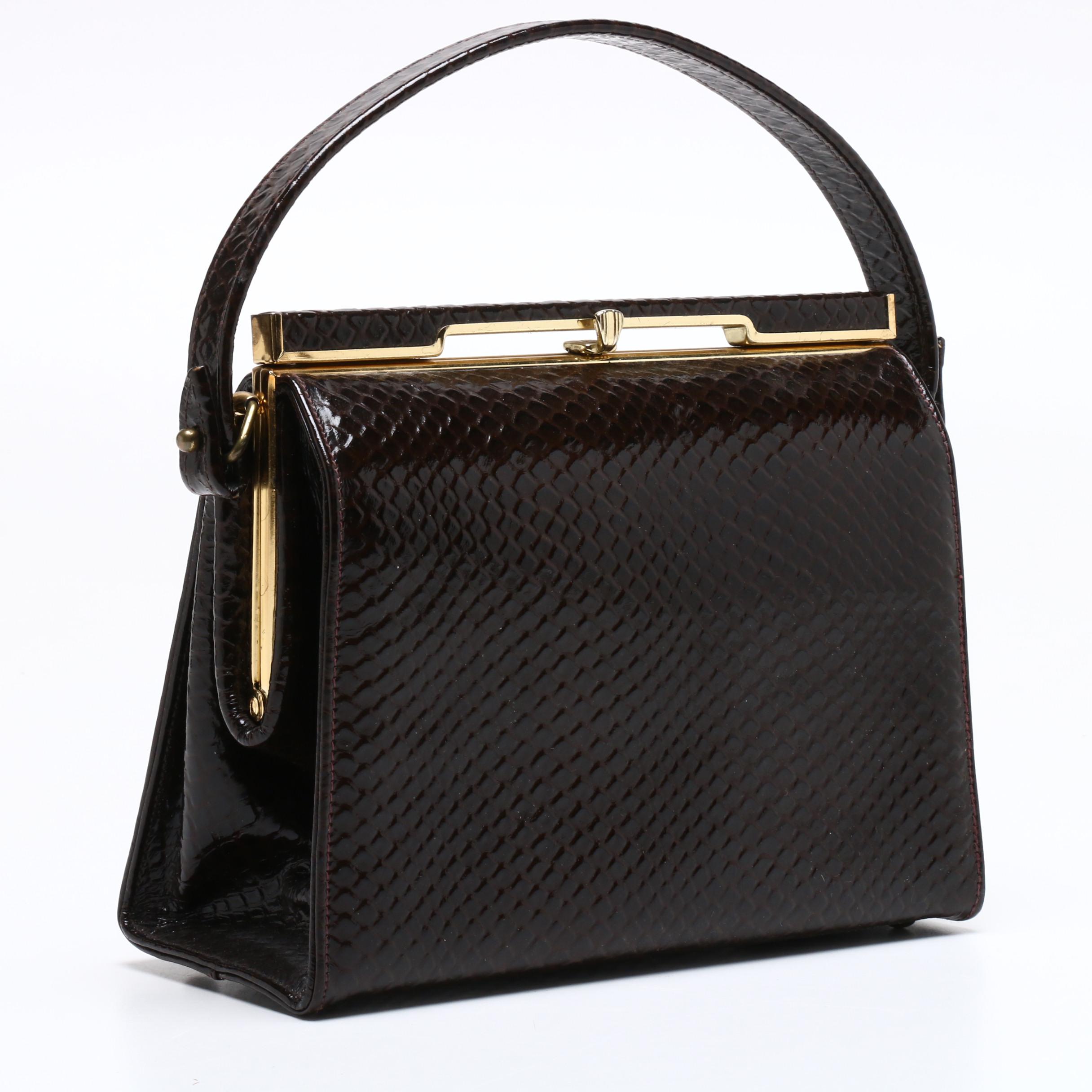 Triangle New York Snakeskin Embossed Brown Leather Handbag, Vintage