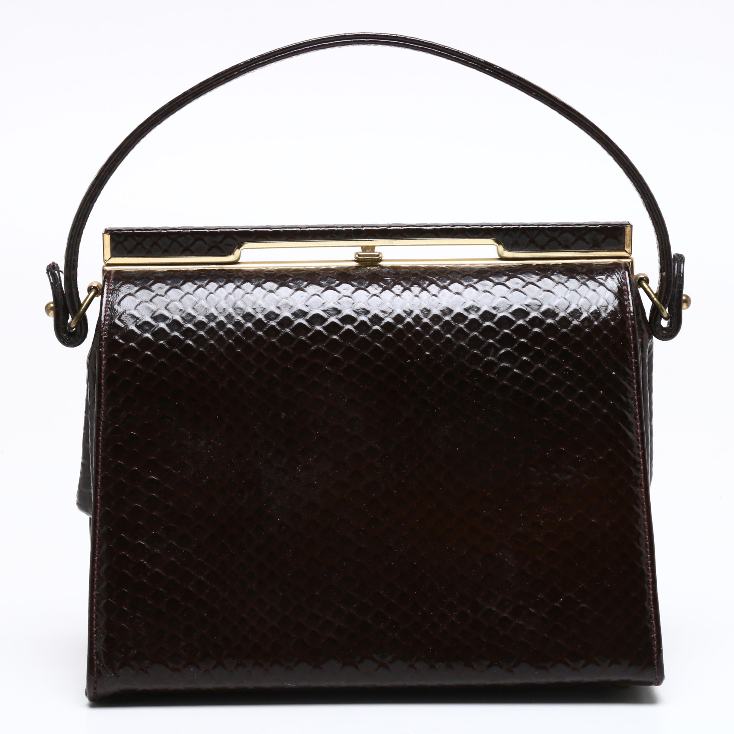 Triangle New York Snakeskin Embossed Brown Leather Handbag, Vintage