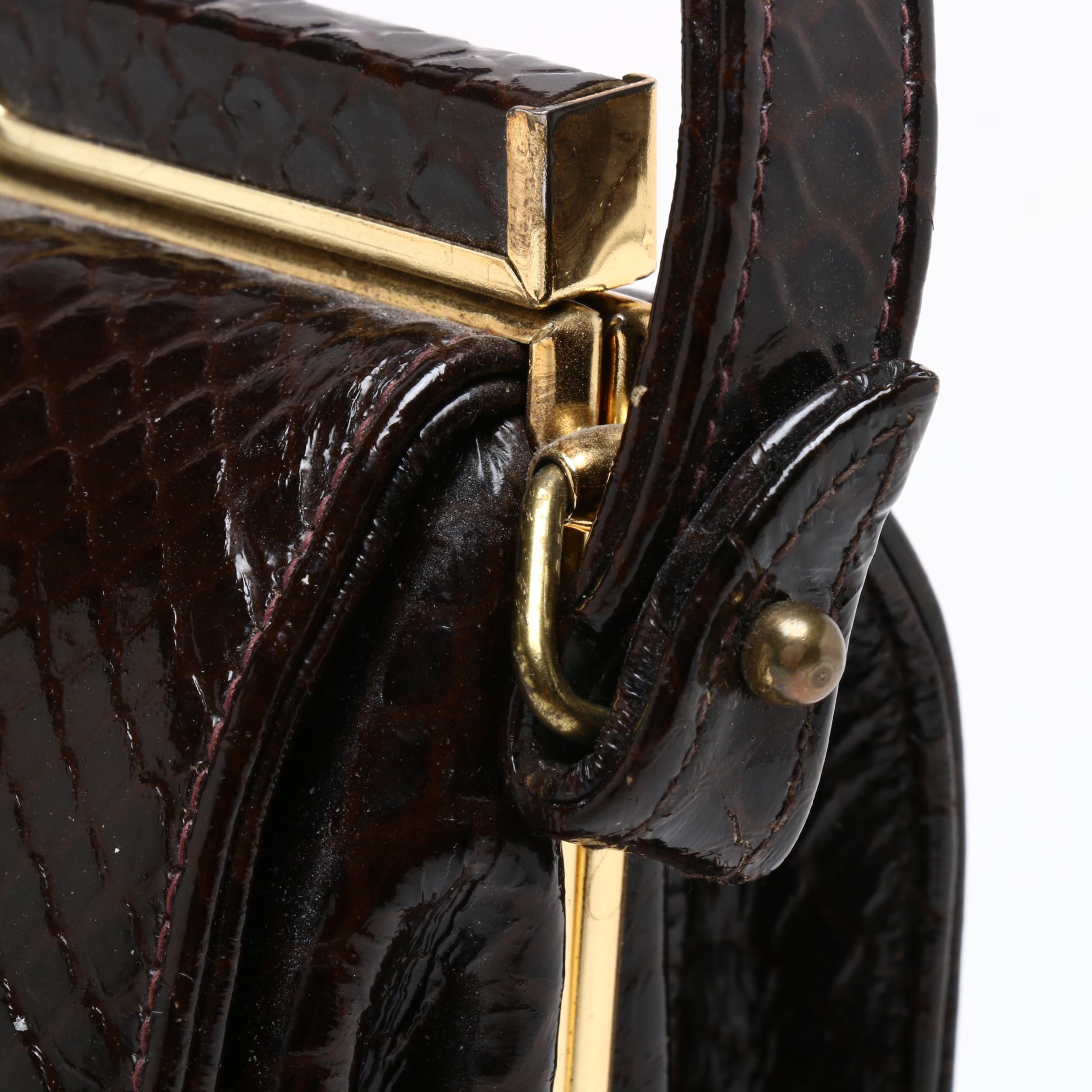 Triangle New York Snakeskin Embossed Brown Leather Handbag, Vintage