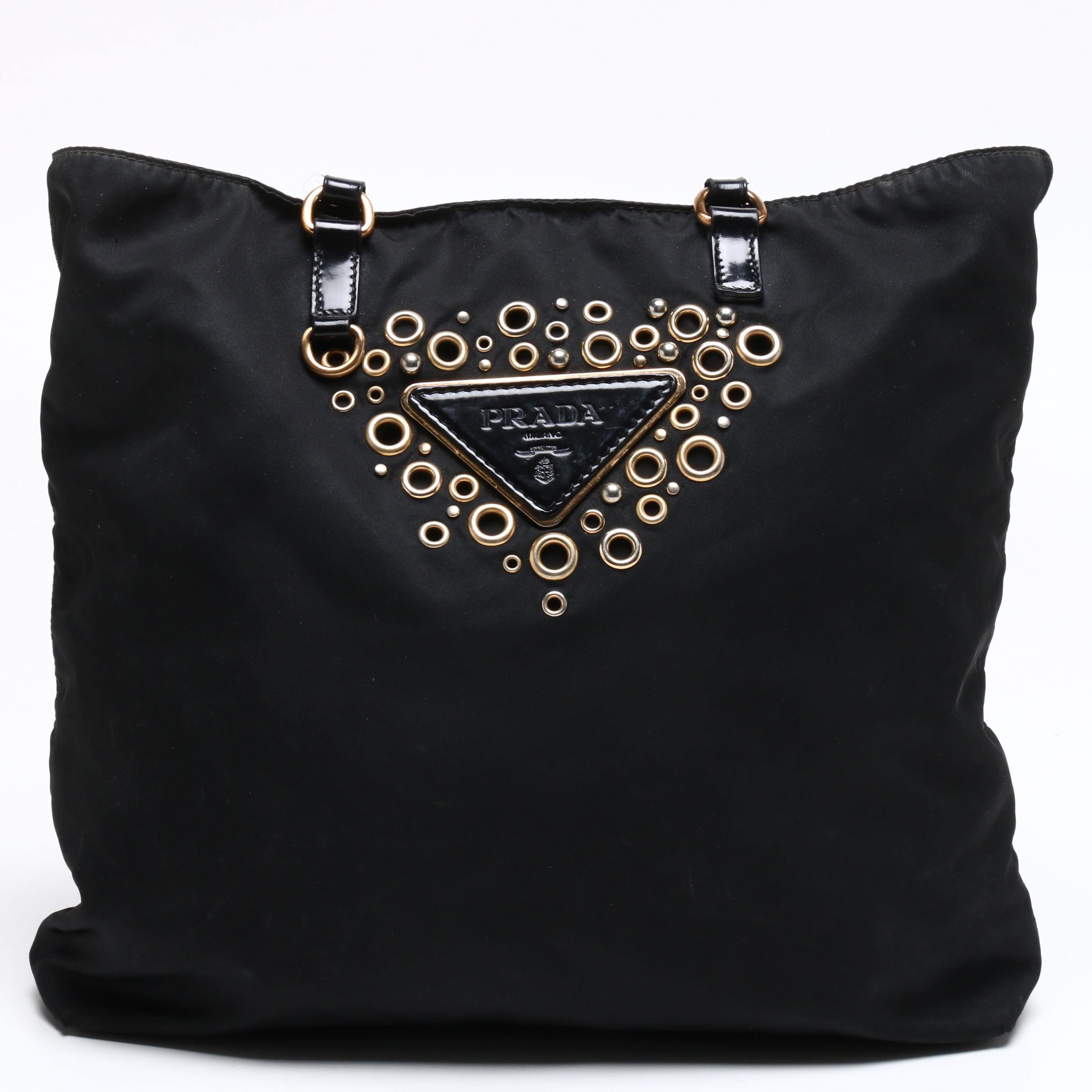 Prada Black Tessuto Nylon Logo Grommet Shoulder Bag