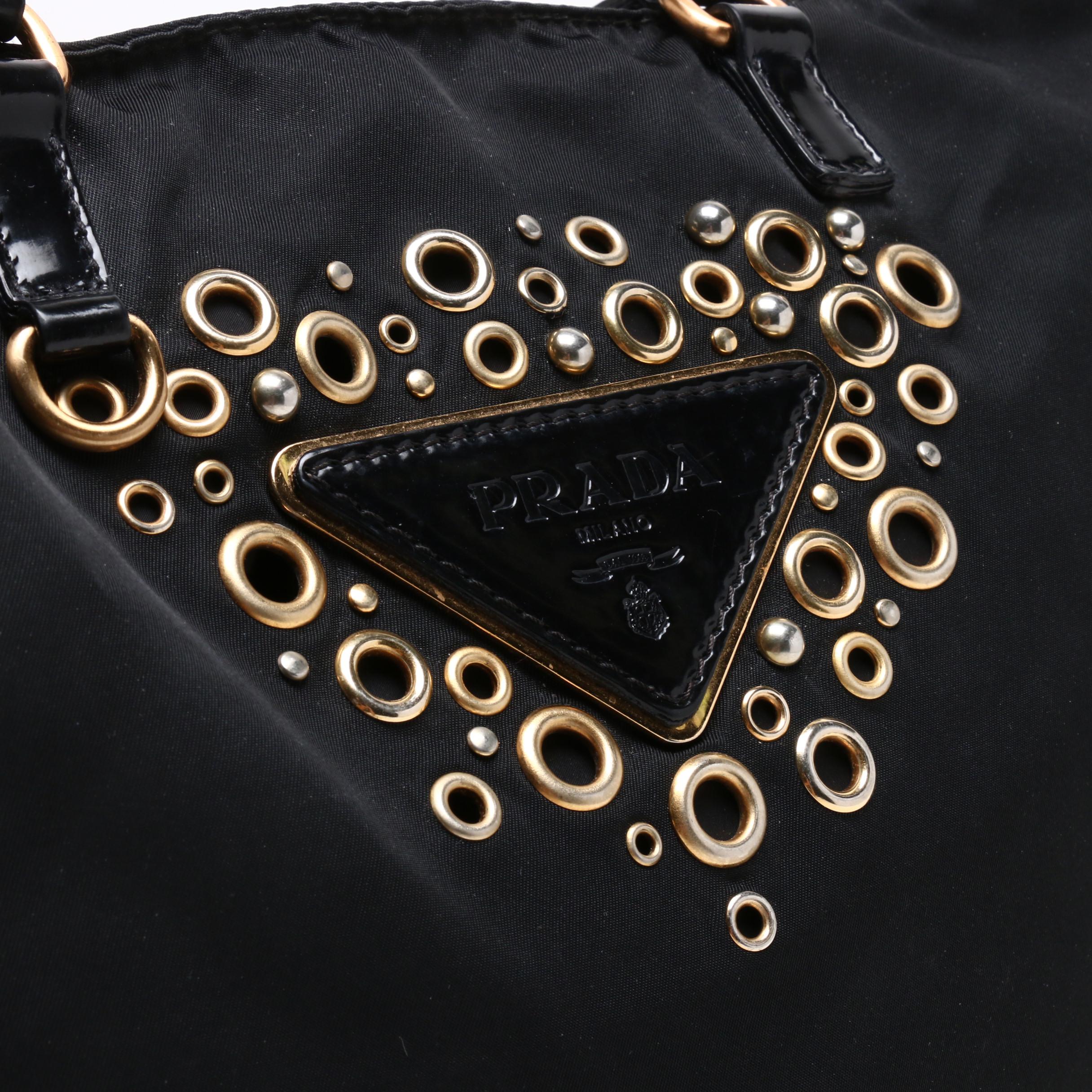 Prada Black Tessuto Nylon Logo Grommet Shoulder Bag