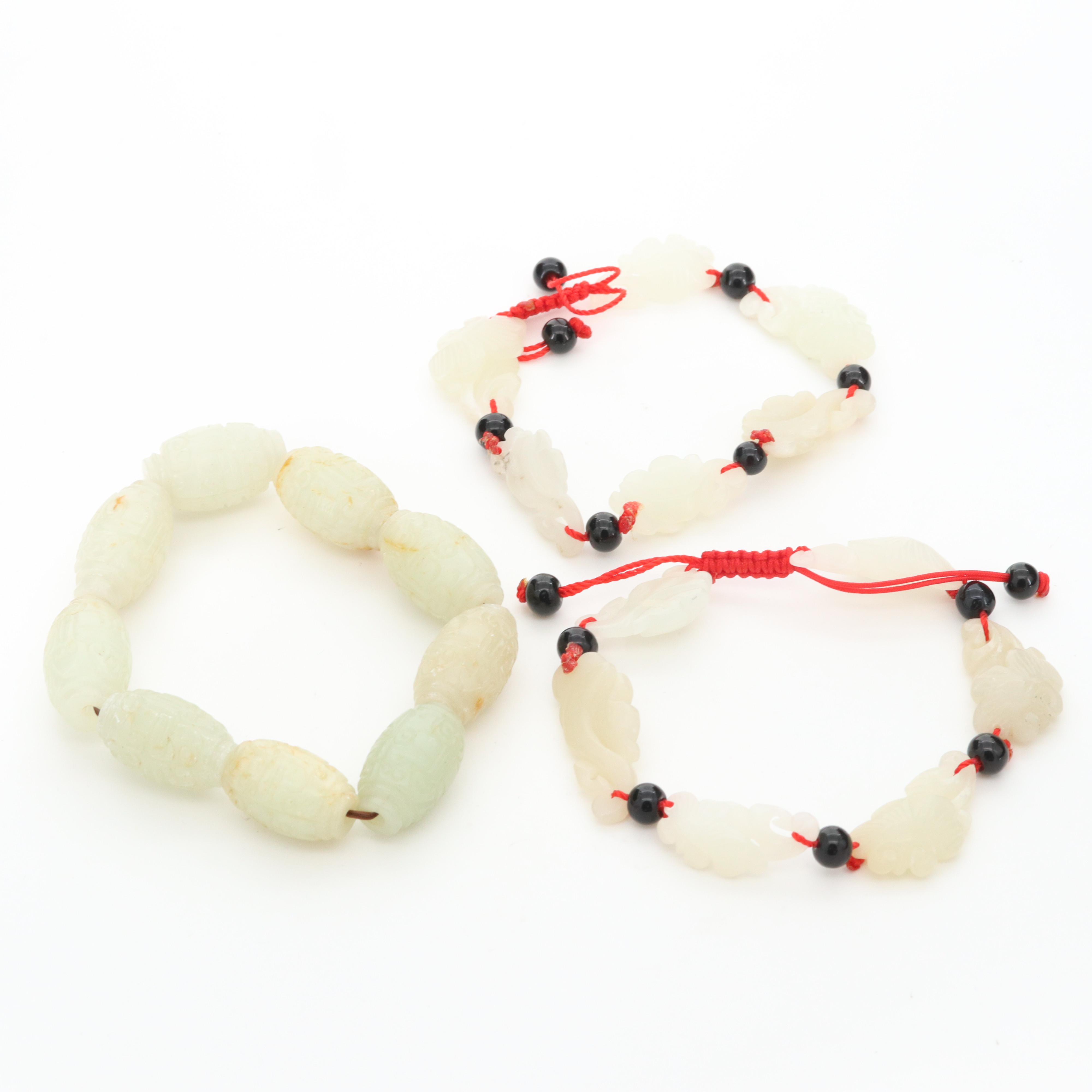 Chinese Bowenite and Glass Bead Expandable Bracelets