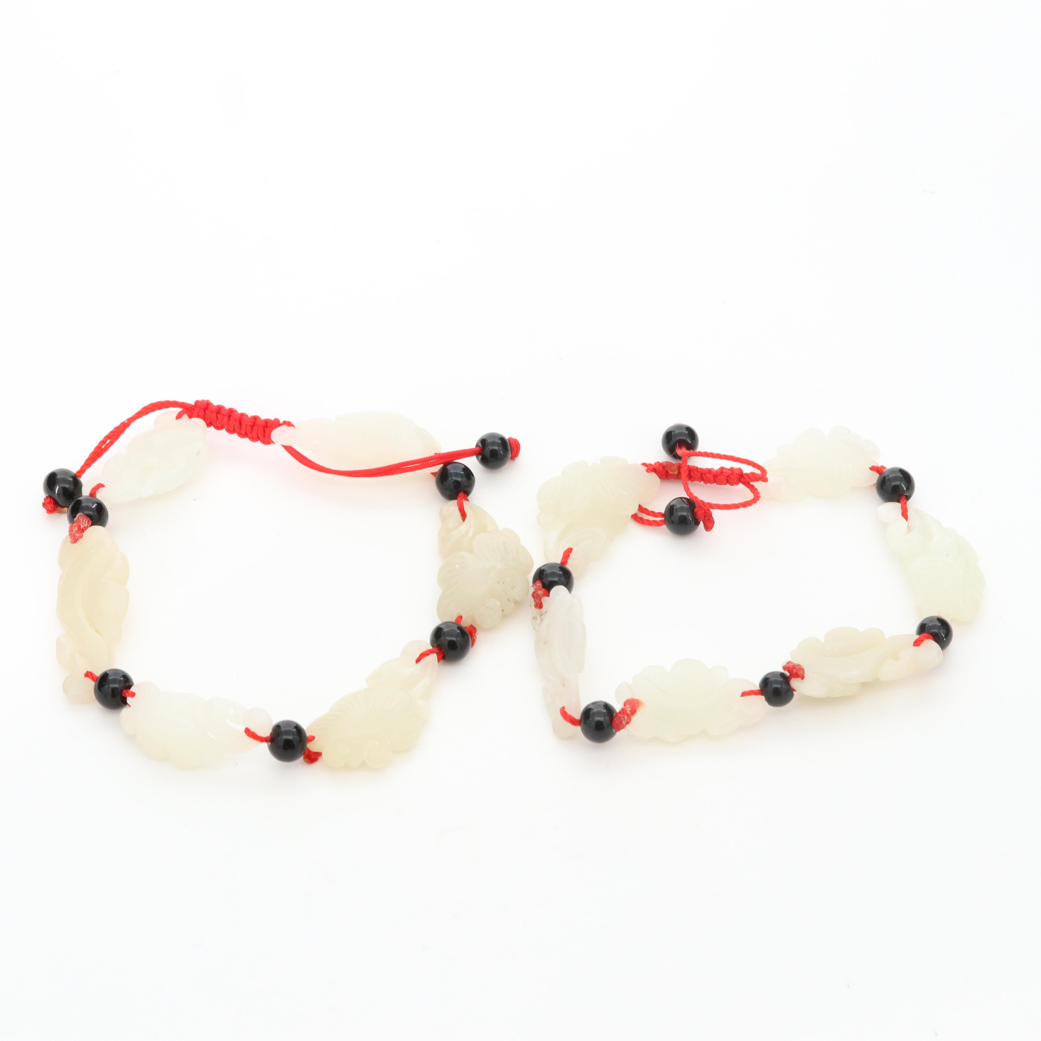 Chinese Bowenite and Glass Bead Expandable Bracelets