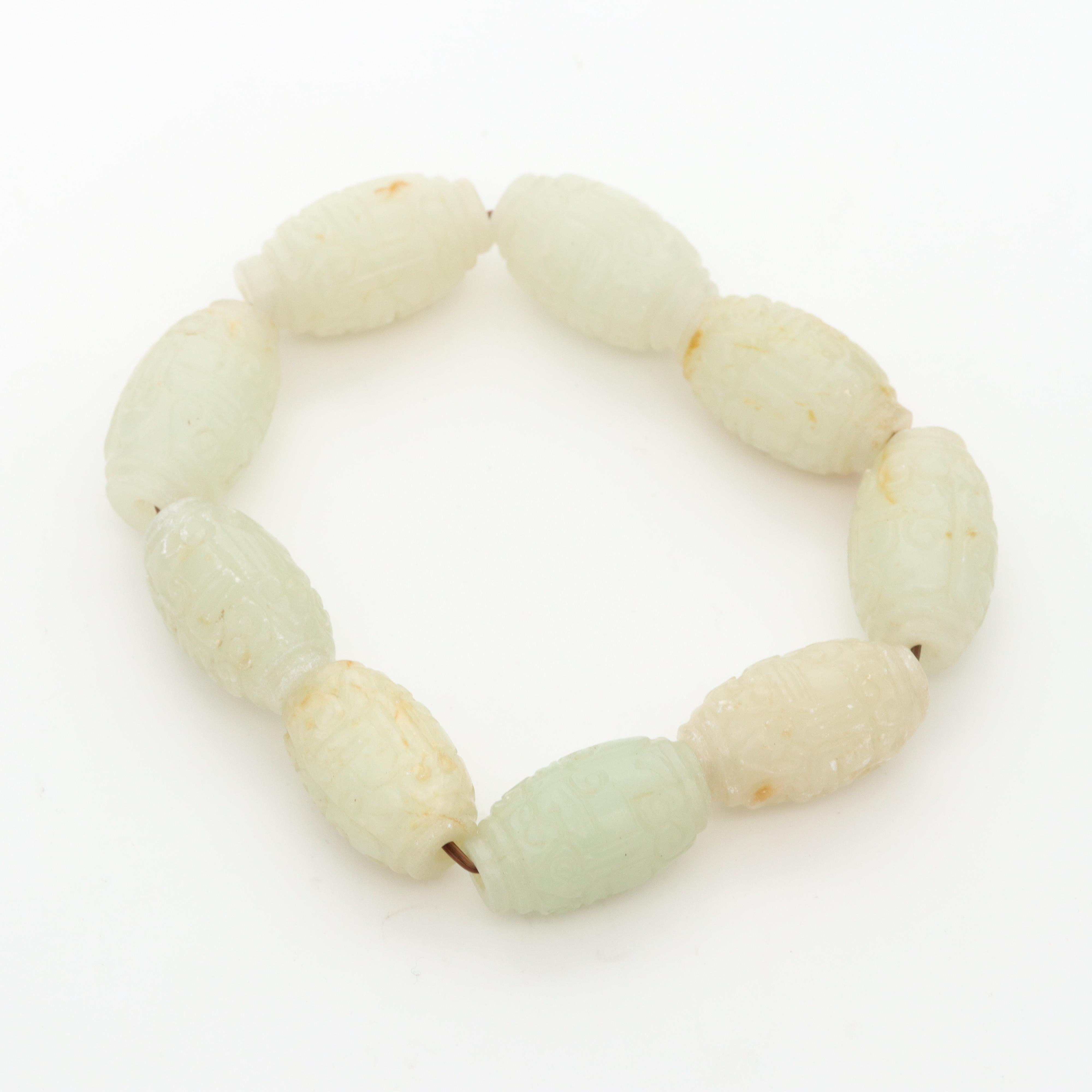 Chinese Bowenite and Glass Bead Expandable Bracelets