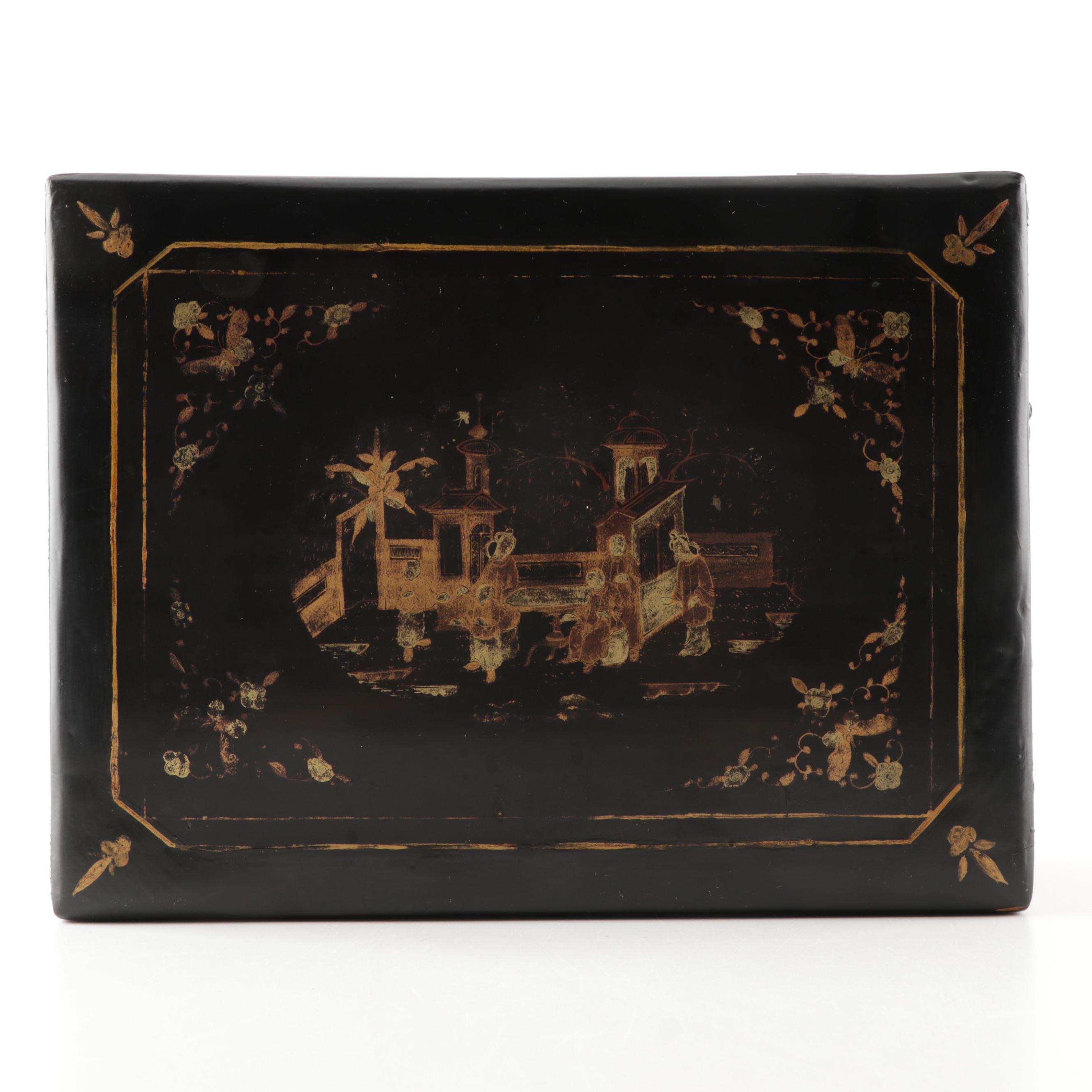 English Chinoiserie Lacquered Parcel Gilt Document Box, Circa 1875