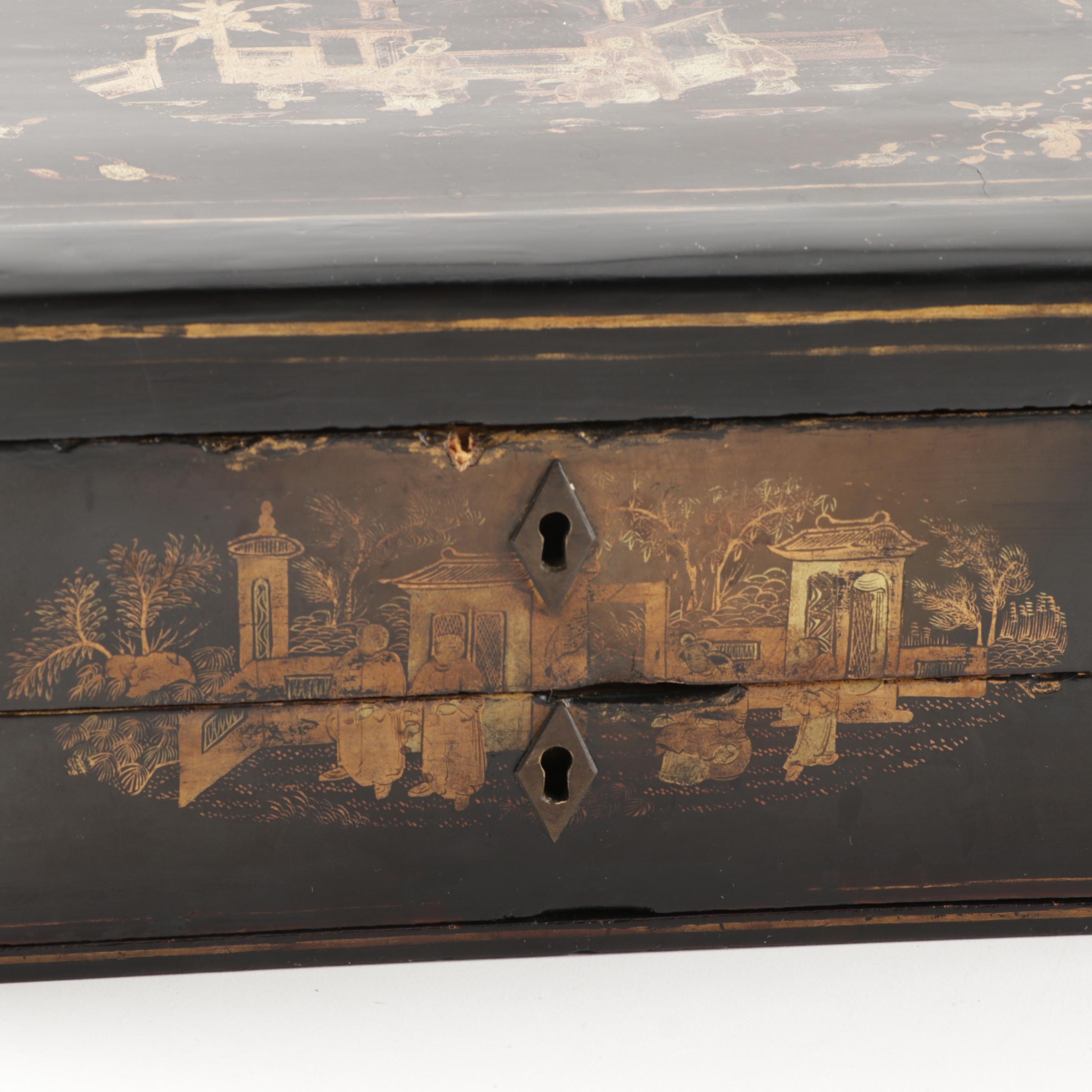 English Chinoiserie Lacquered Parcel Gilt Document Box, Circa 1875