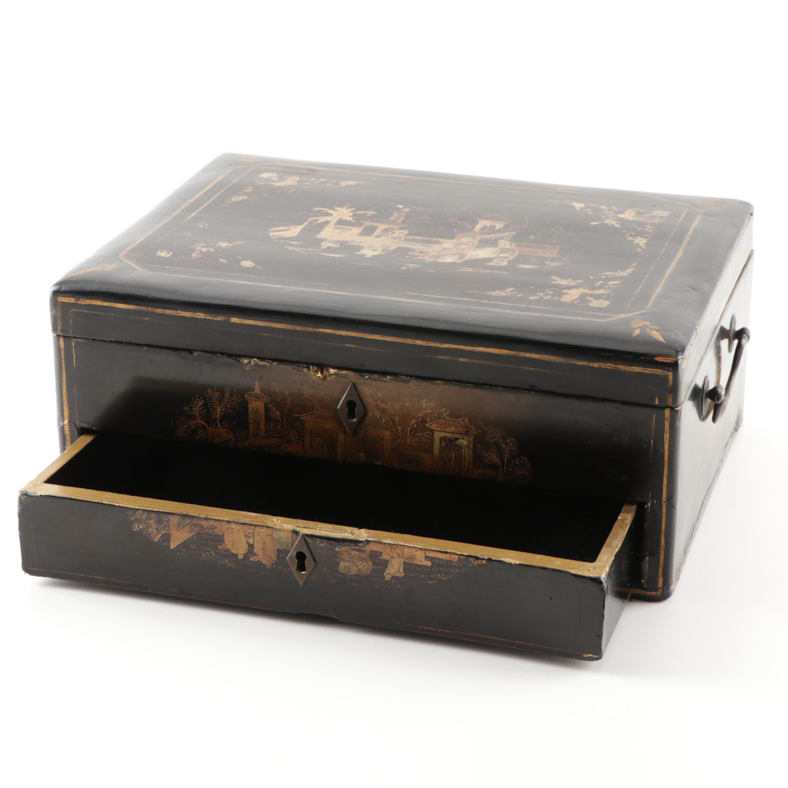 English Chinoiserie Lacquered Parcel Gilt Document Box, Circa 1875