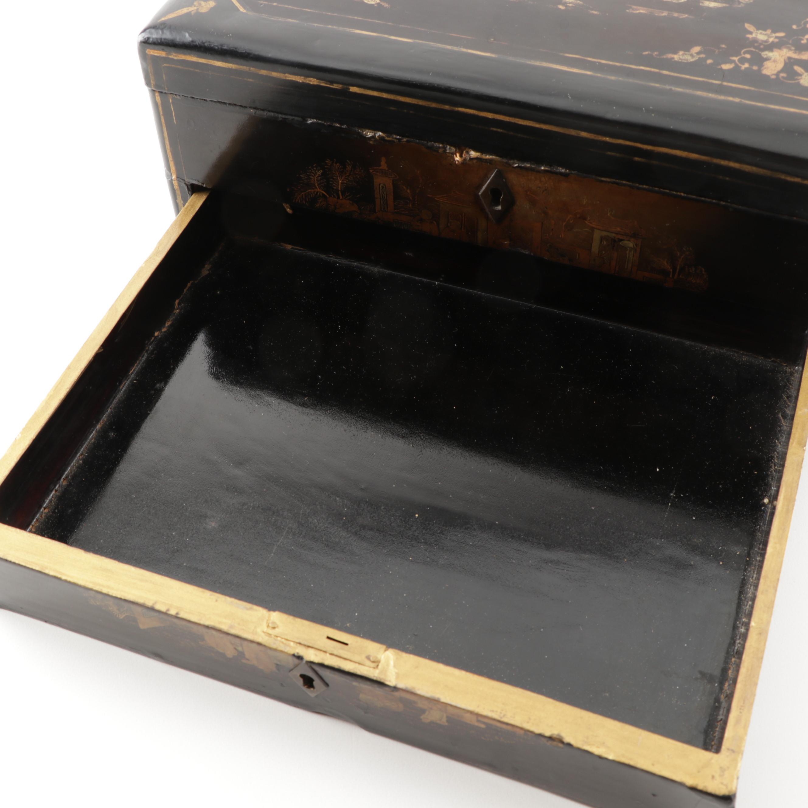 English Chinoiserie Lacquered Parcel Gilt Document Box, Circa 1875