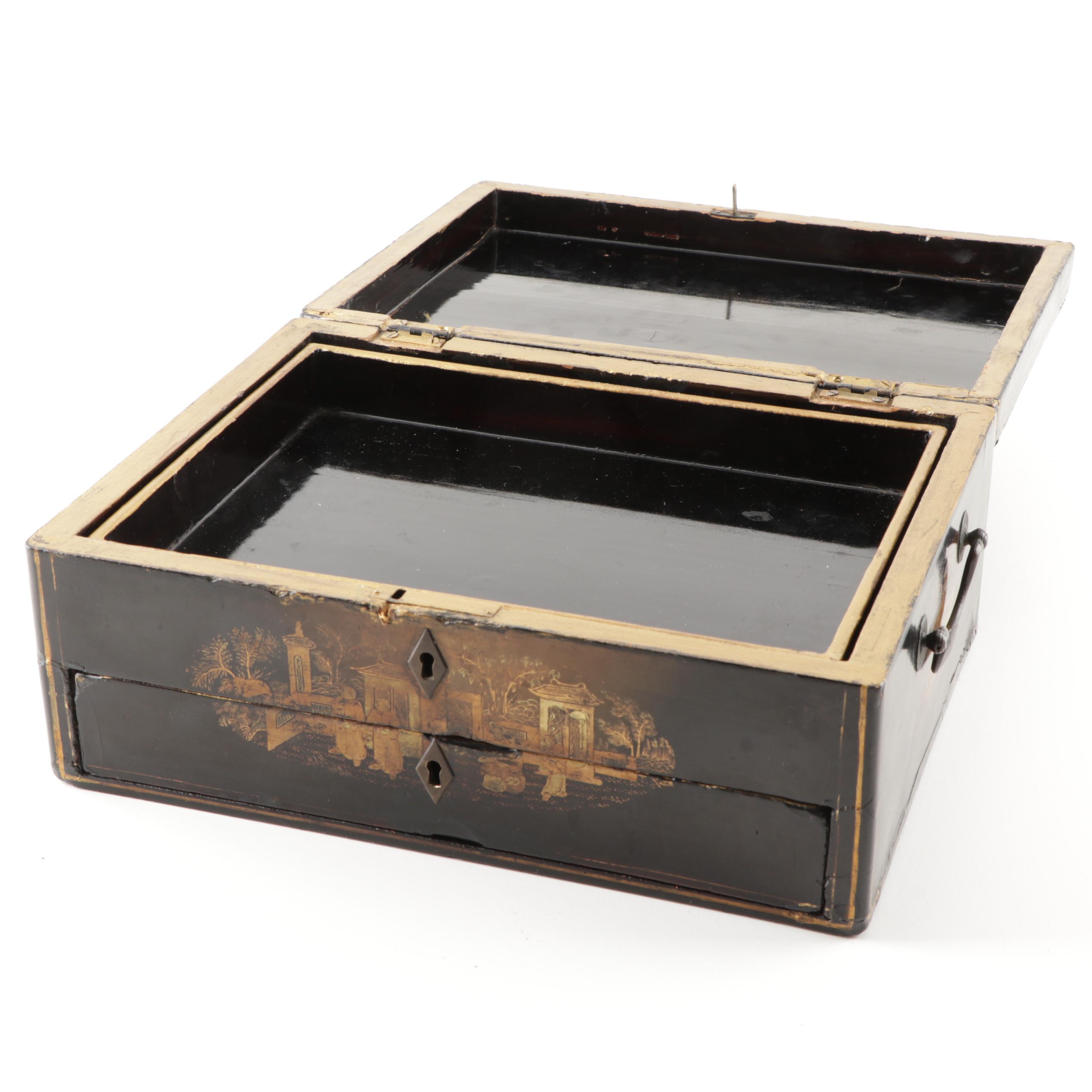 English Chinoiserie Lacquered Parcel Gilt Document Box, Circa 1875