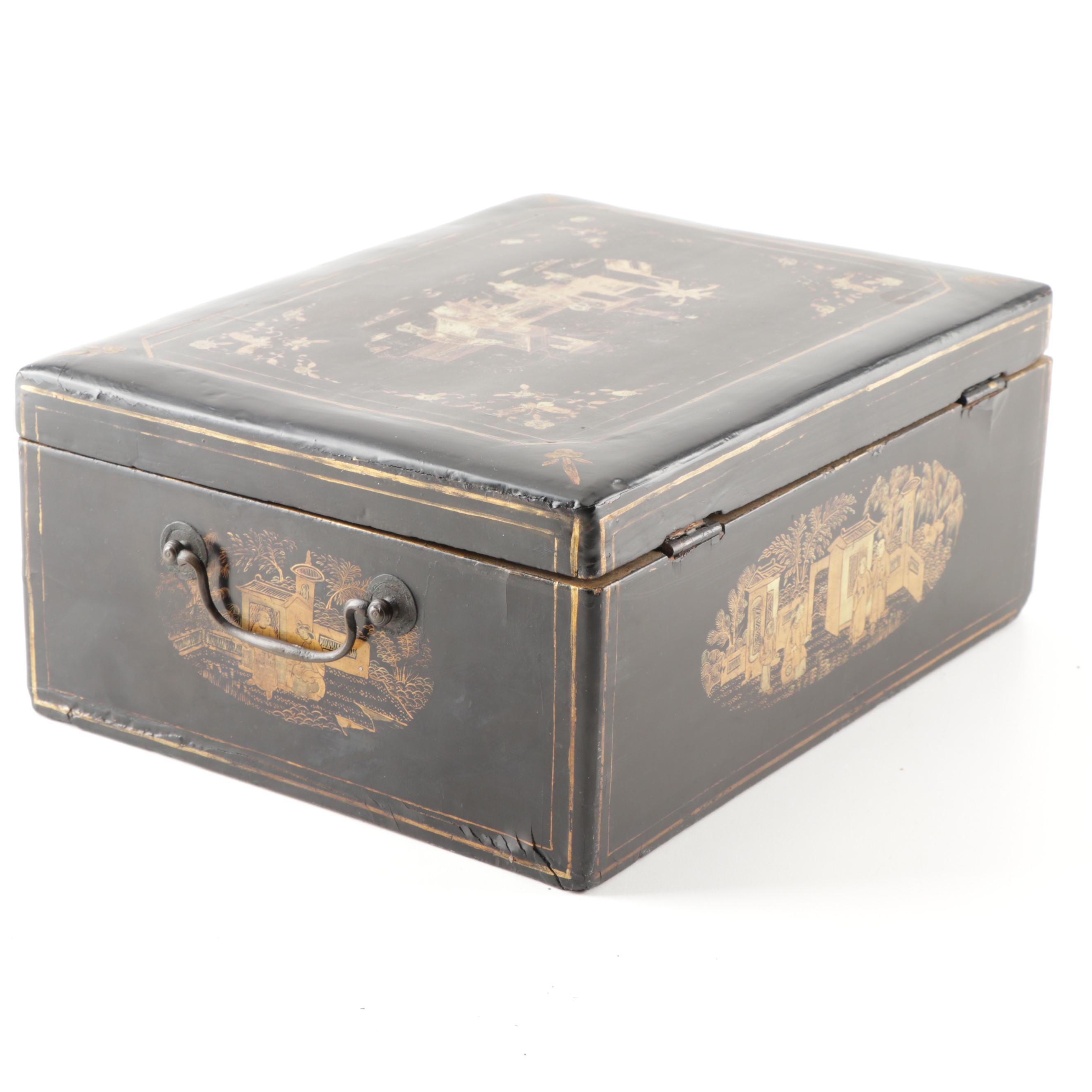 English Chinoiserie Lacquered Parcel Gilt Document Box, Circa 1875