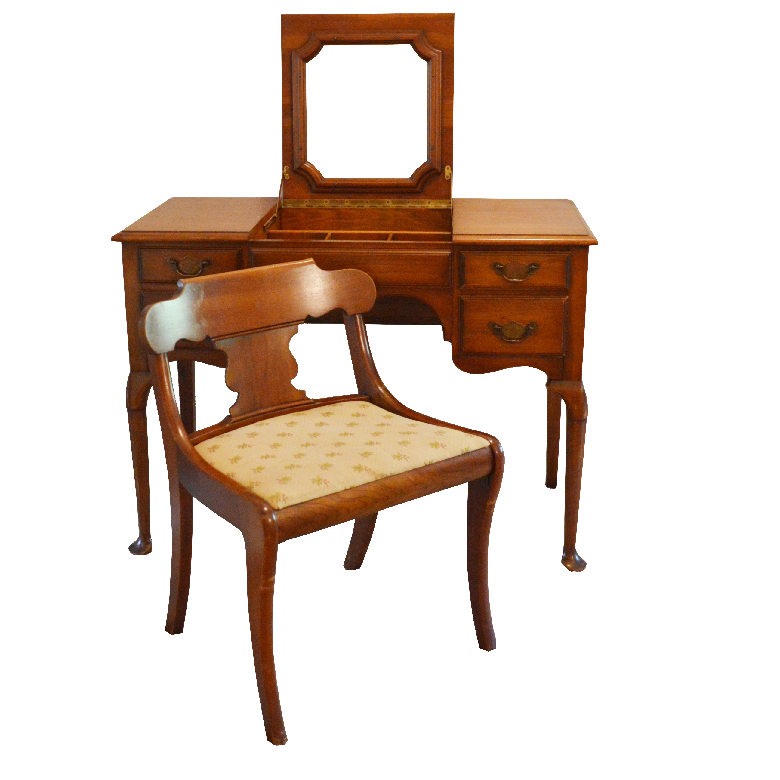 Queen Anne Style Mahogany Vanity Table and Chair, 20th Century
