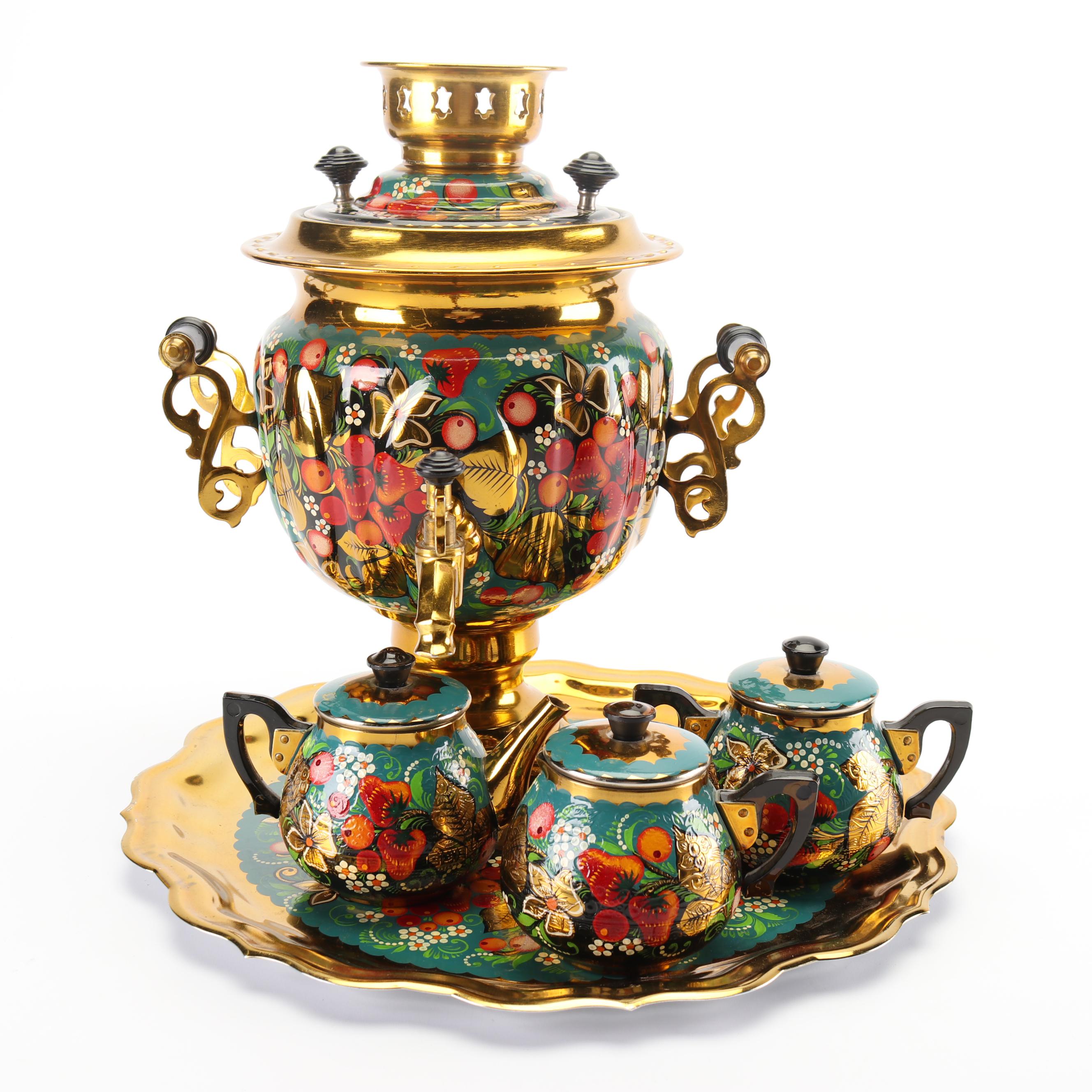 Russian Hand-Painted Brass and Metal Electric Samovar Set, 1990
