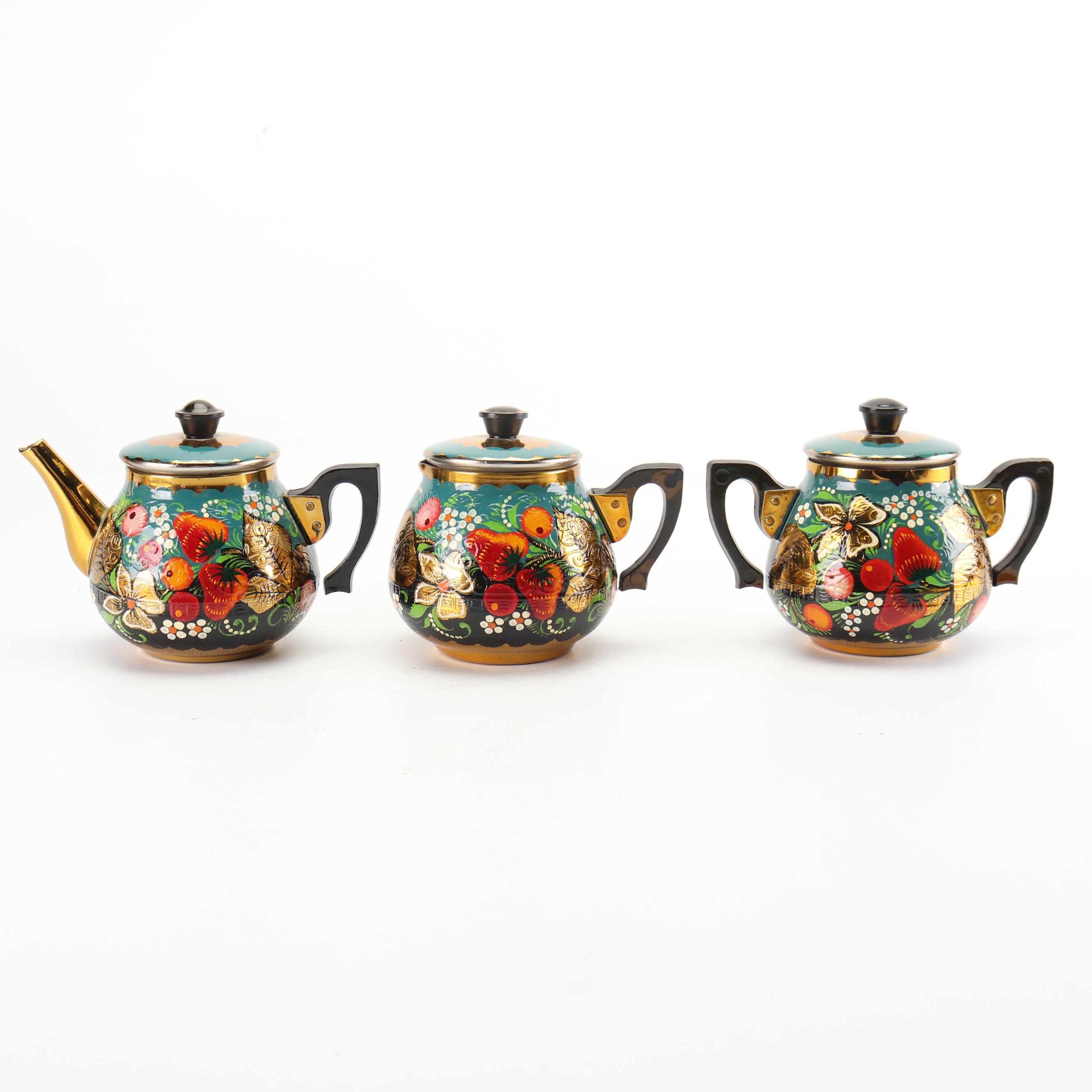 Russian Hand-Painted Brass and Metal Electric Samovar Set, 1990