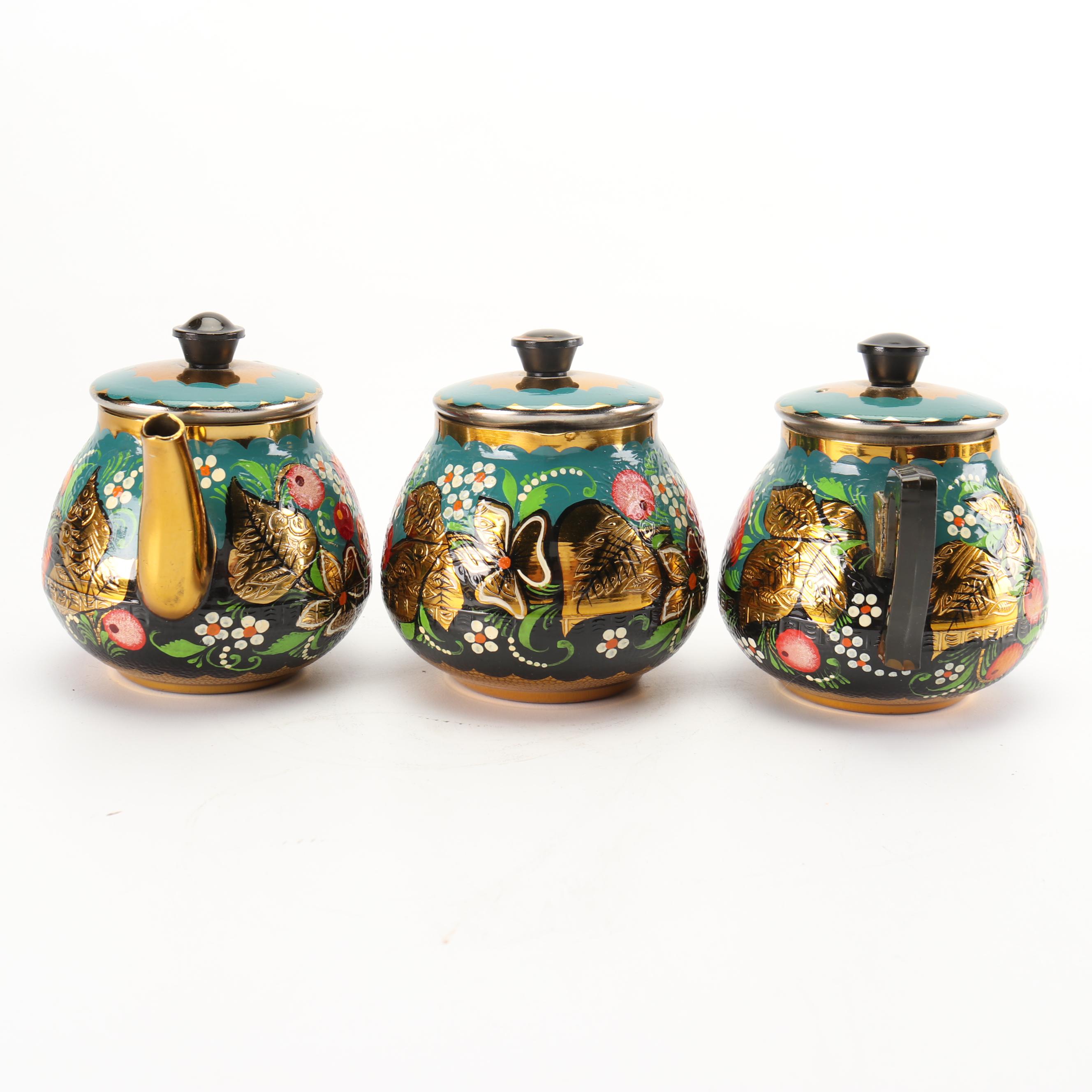 Russian Hand-Painted Brass and Metal Electric Samovar Set, 1990
