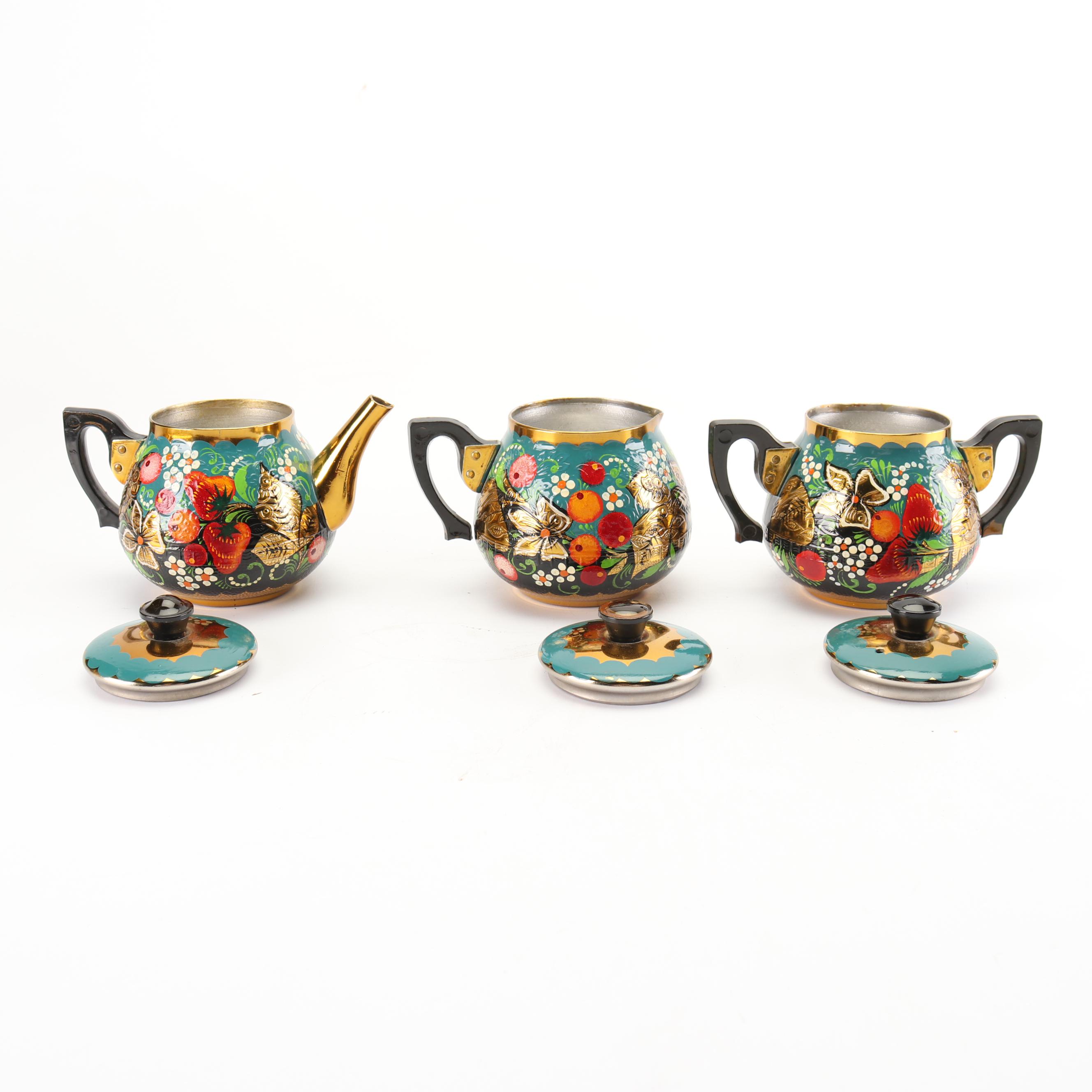 Russian Hand-Painted Brass and Metal Electric Samovar Set, 1990