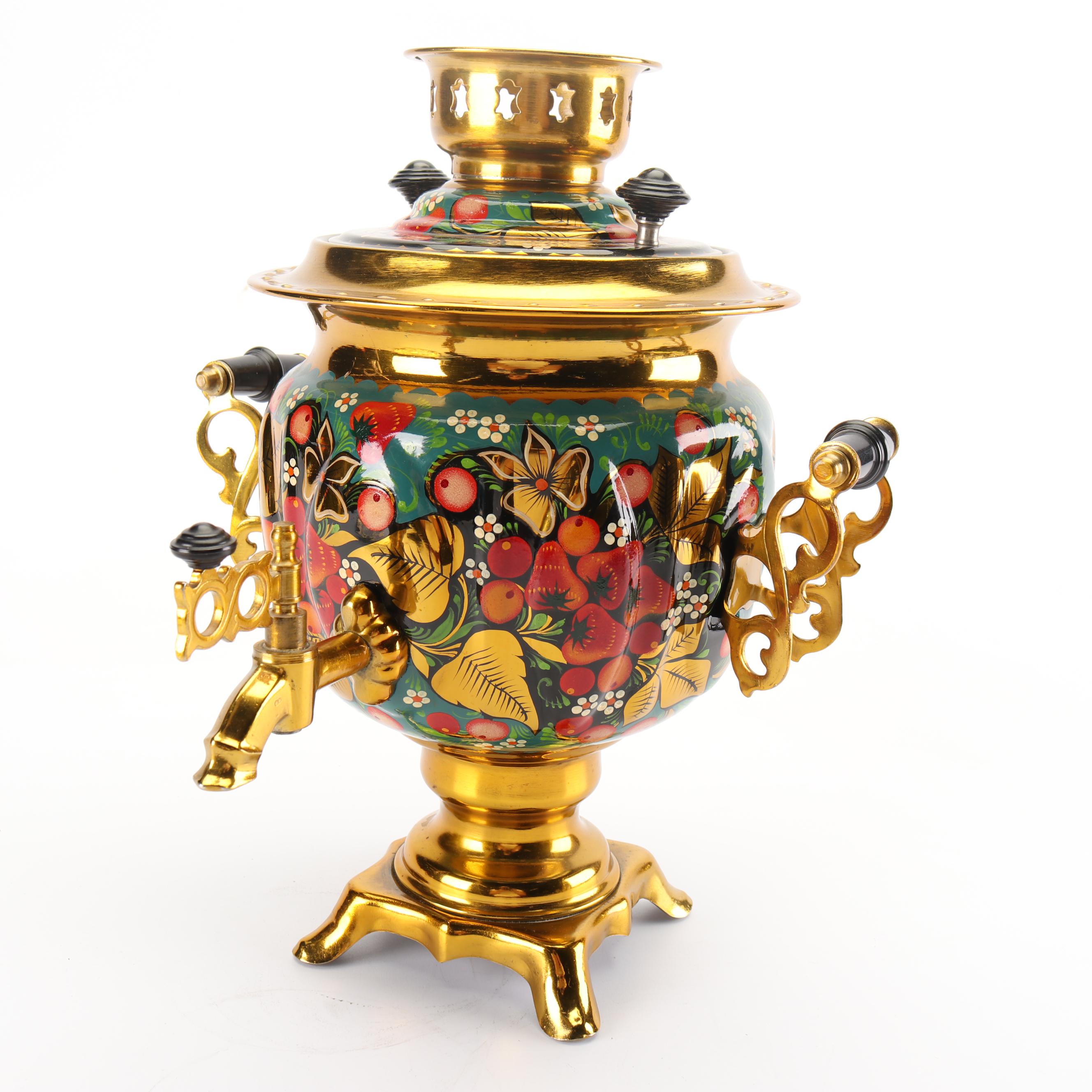 Russian Hand-Painted Brass and Metal Electric Samovar Set, 1990