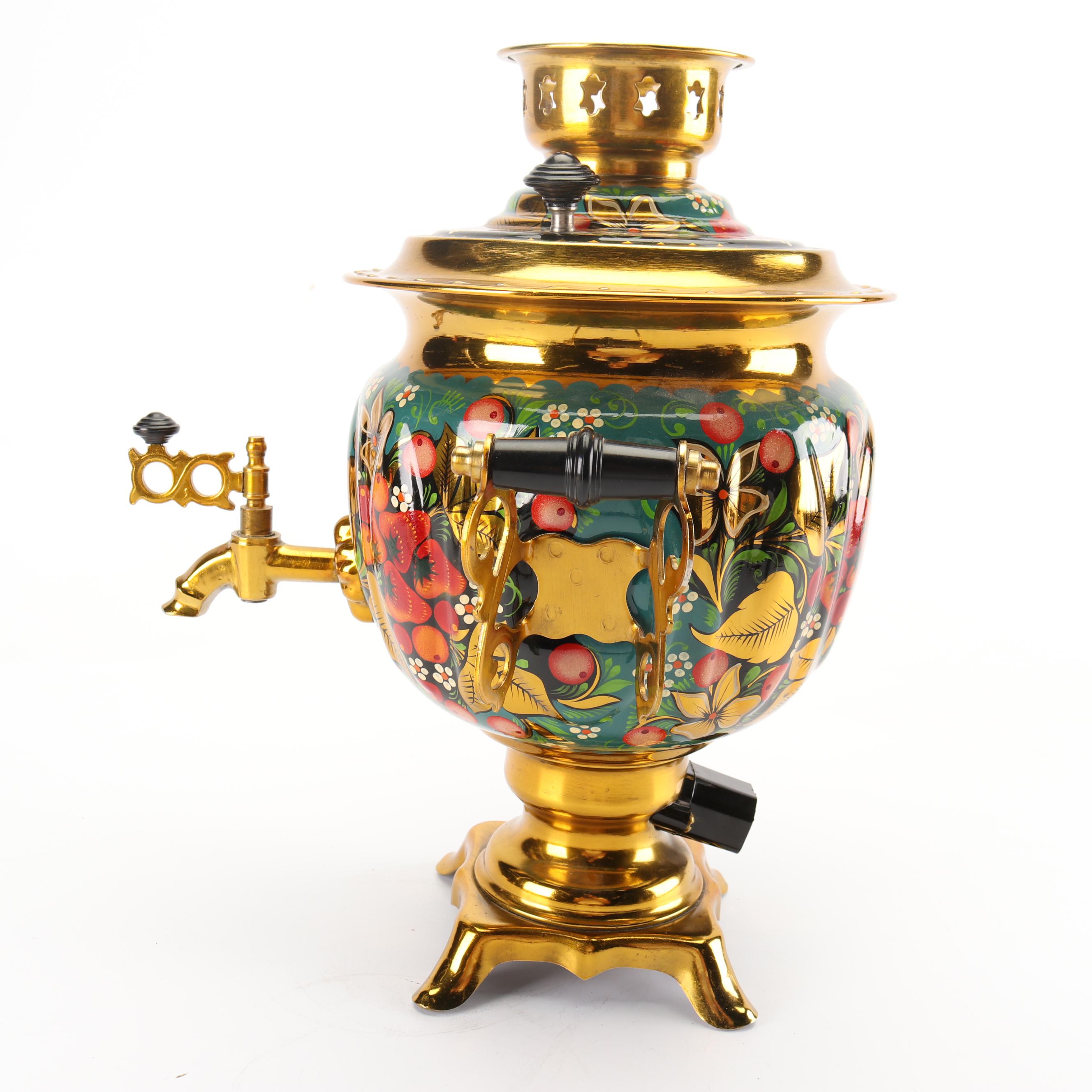 Russian Hand-Painted Brass and Metal Electric Samovar Set, 1990