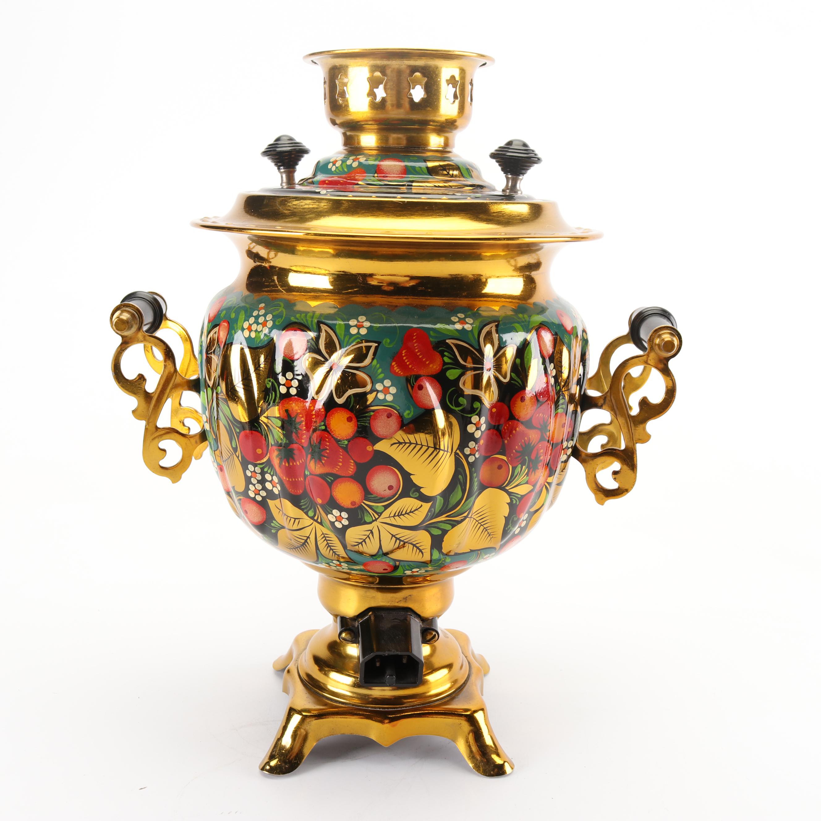 Russian Hand-Painted Brass and Metal Electric Samovar Set, 1990