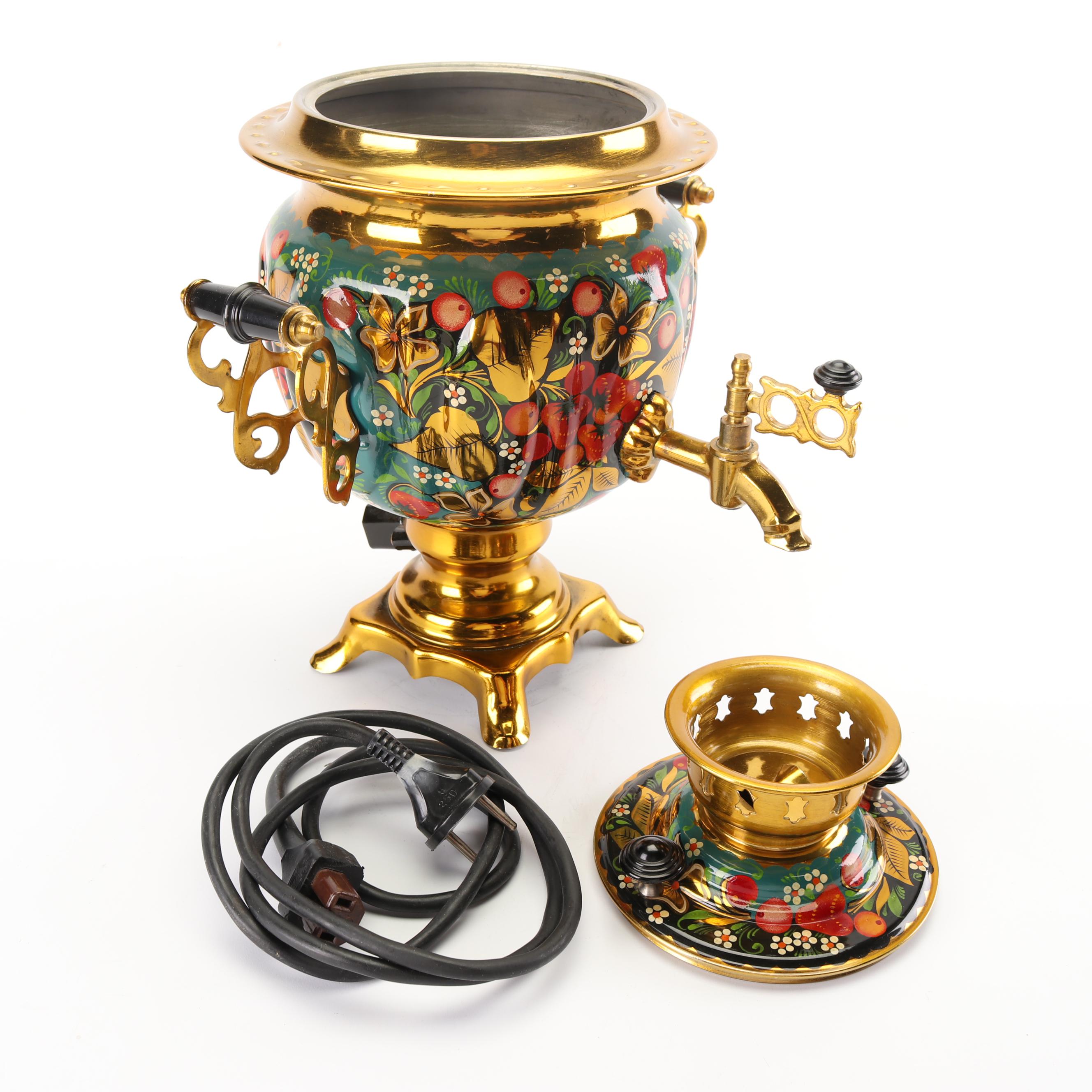 Russian Hand-Painted Brass and Metal Electric Samovar Set, 1990