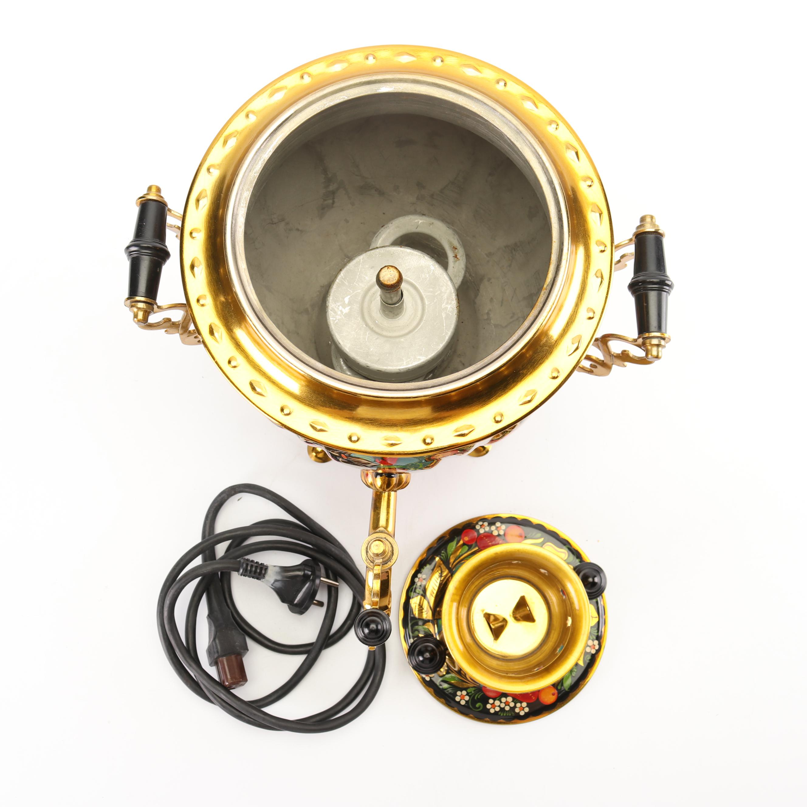 Russian Hand-Painted Brass and Metal Electric Samovar Set, 1990
