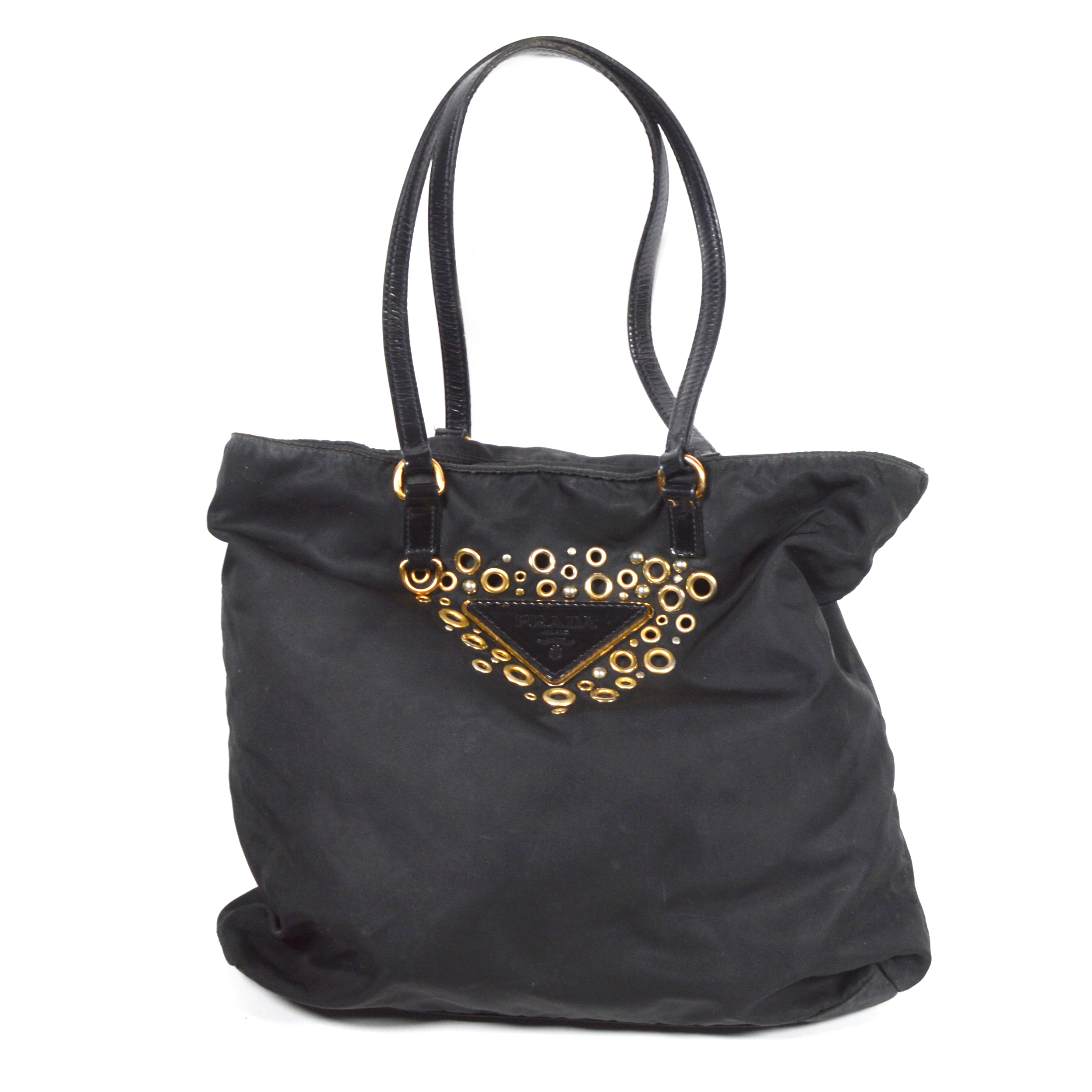 Prada Black Tessuto Nylon Logo Grommet Shoulder Bag