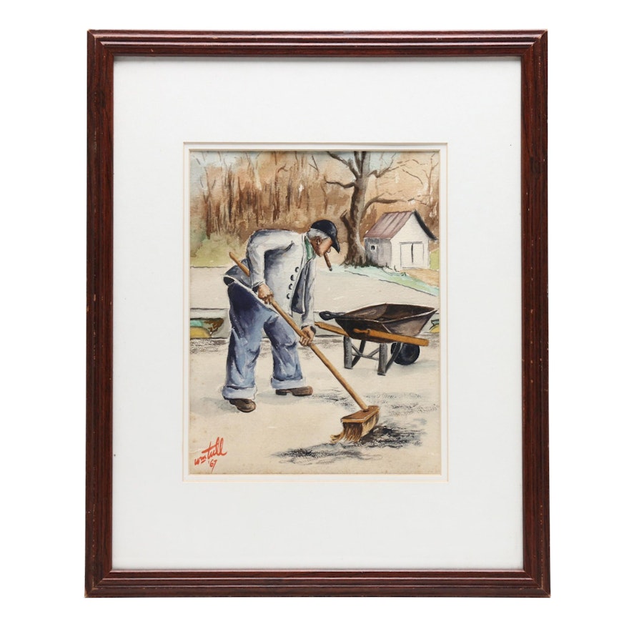 Willam Tull Genre Scene Watercolor Painting of Man Sweeping